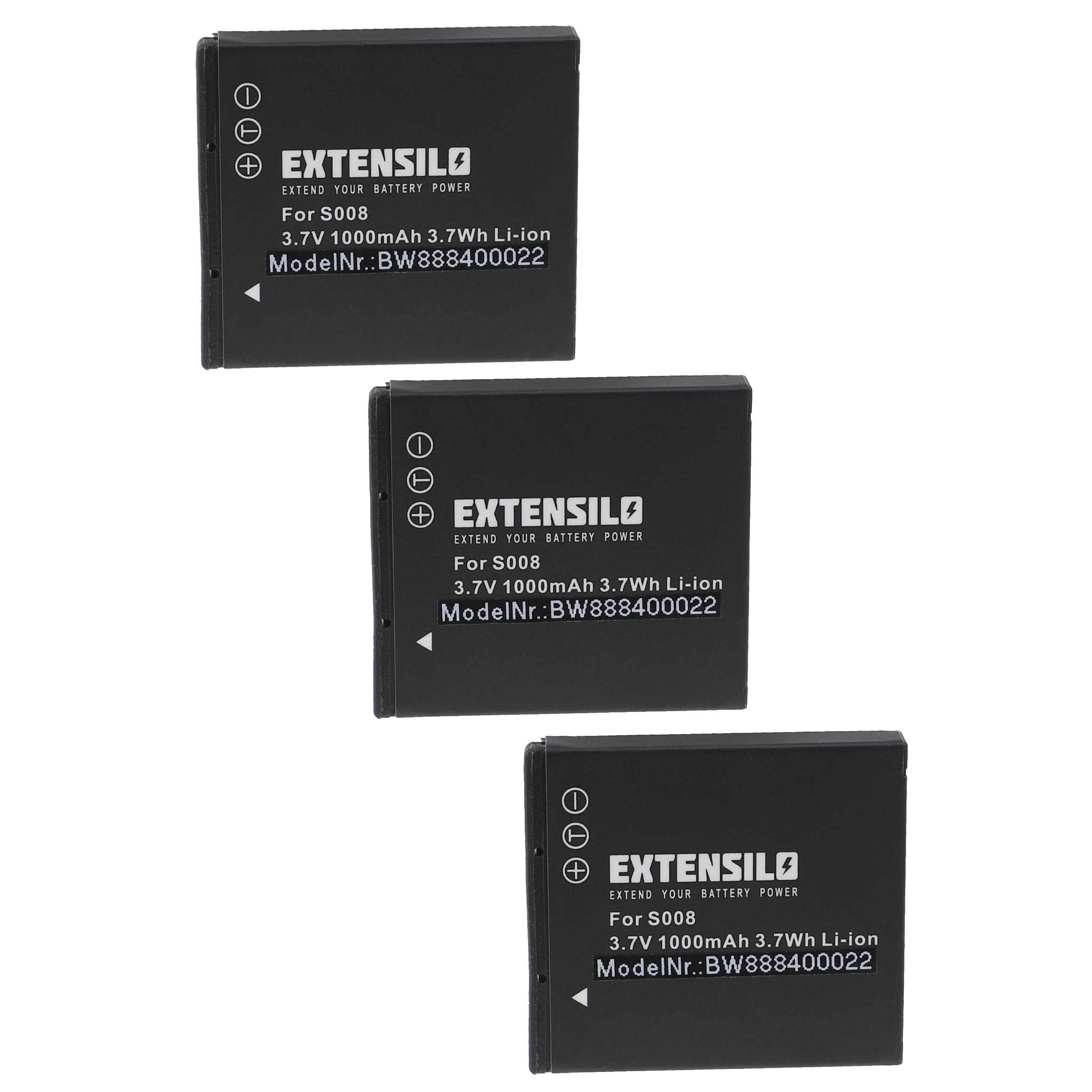 Drei schwarze Batterien mit weißen Etiketten. Text: EXTENSILO, Für S008.