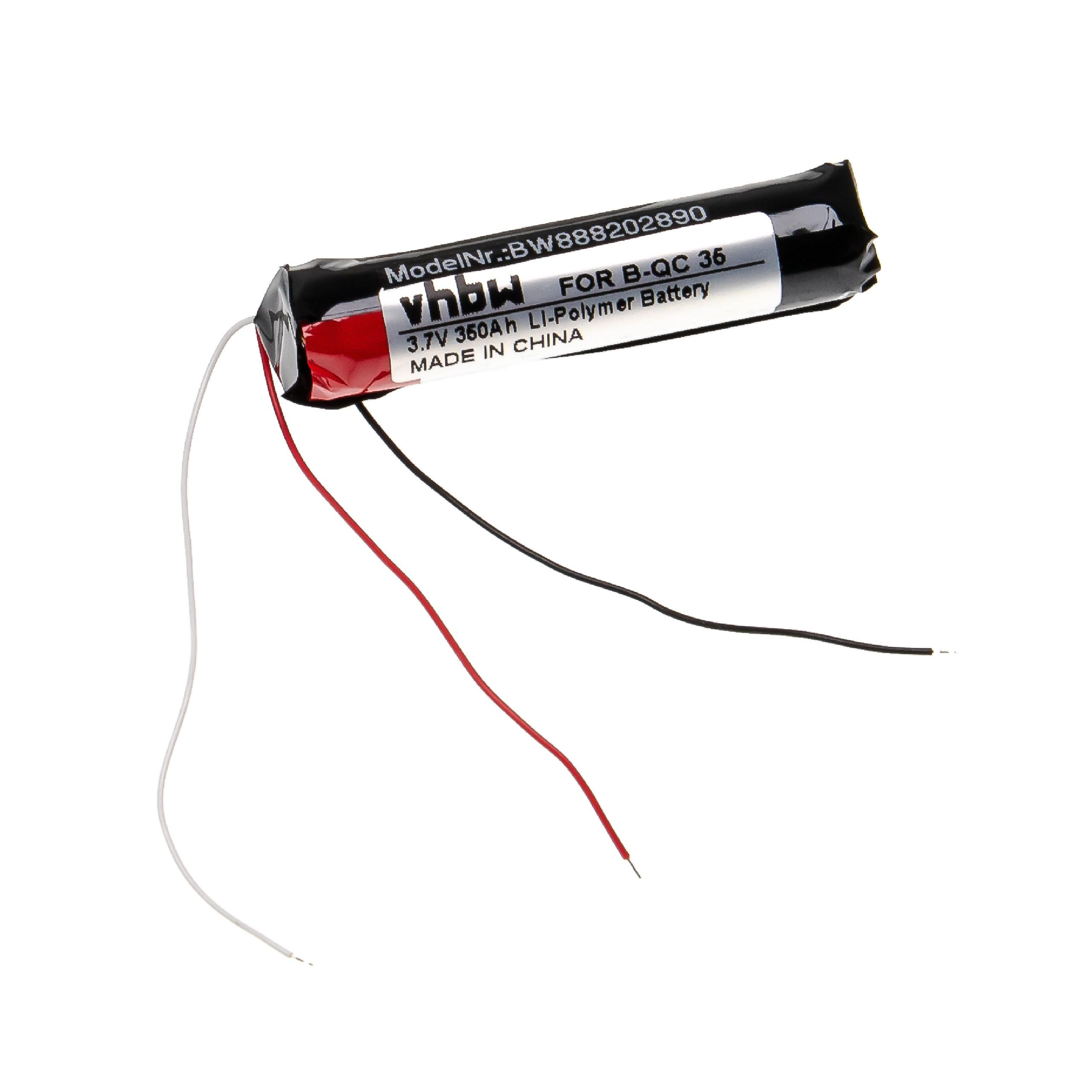 Kleine Batterie mit roten, schwarzen und weißen Drähten. Hat ein Etikett mit Text. Hergestellt in China.