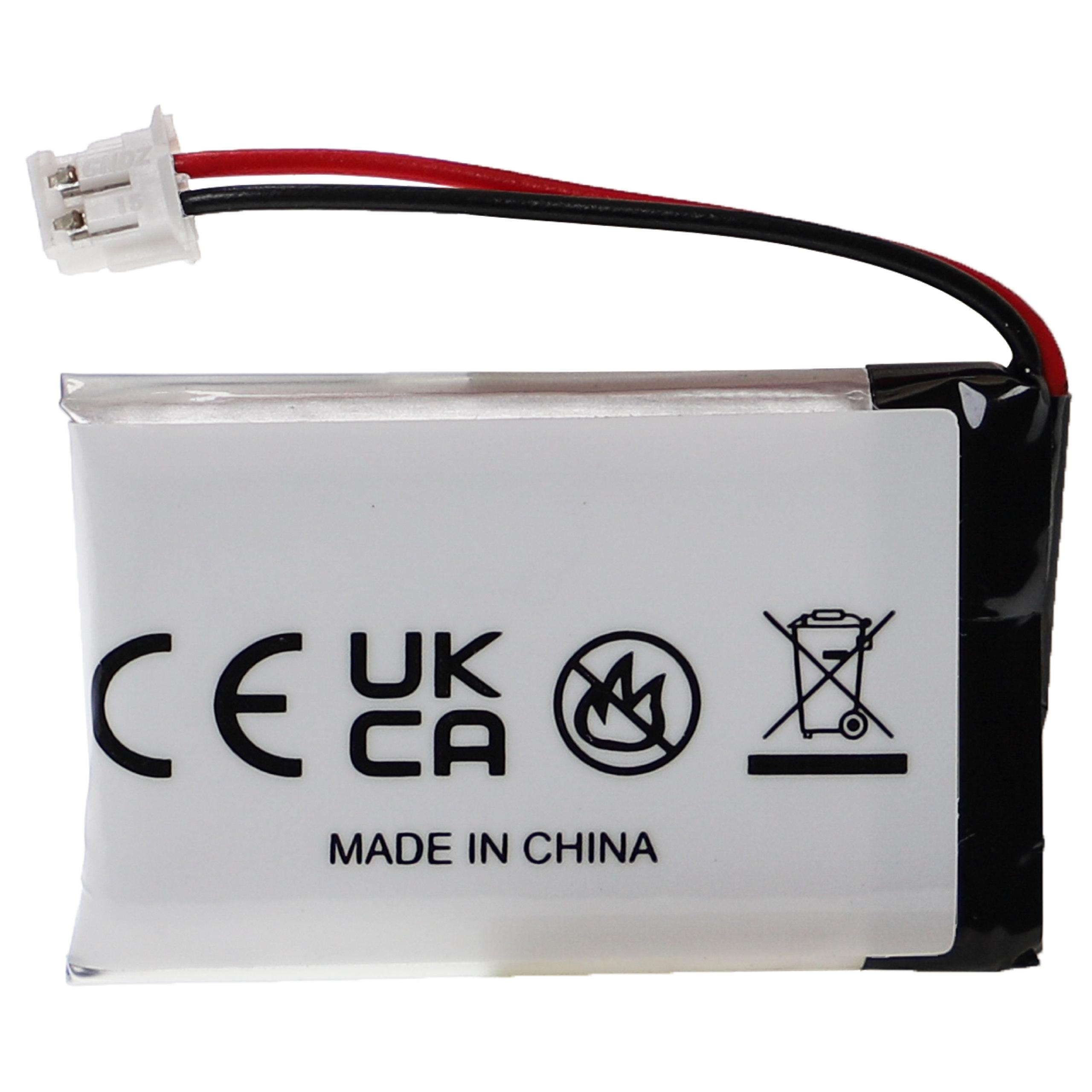 Kleine Batterie mit CE-, UKCA-Kennzeichnungen und Made in China-Text, mit Drähten.
