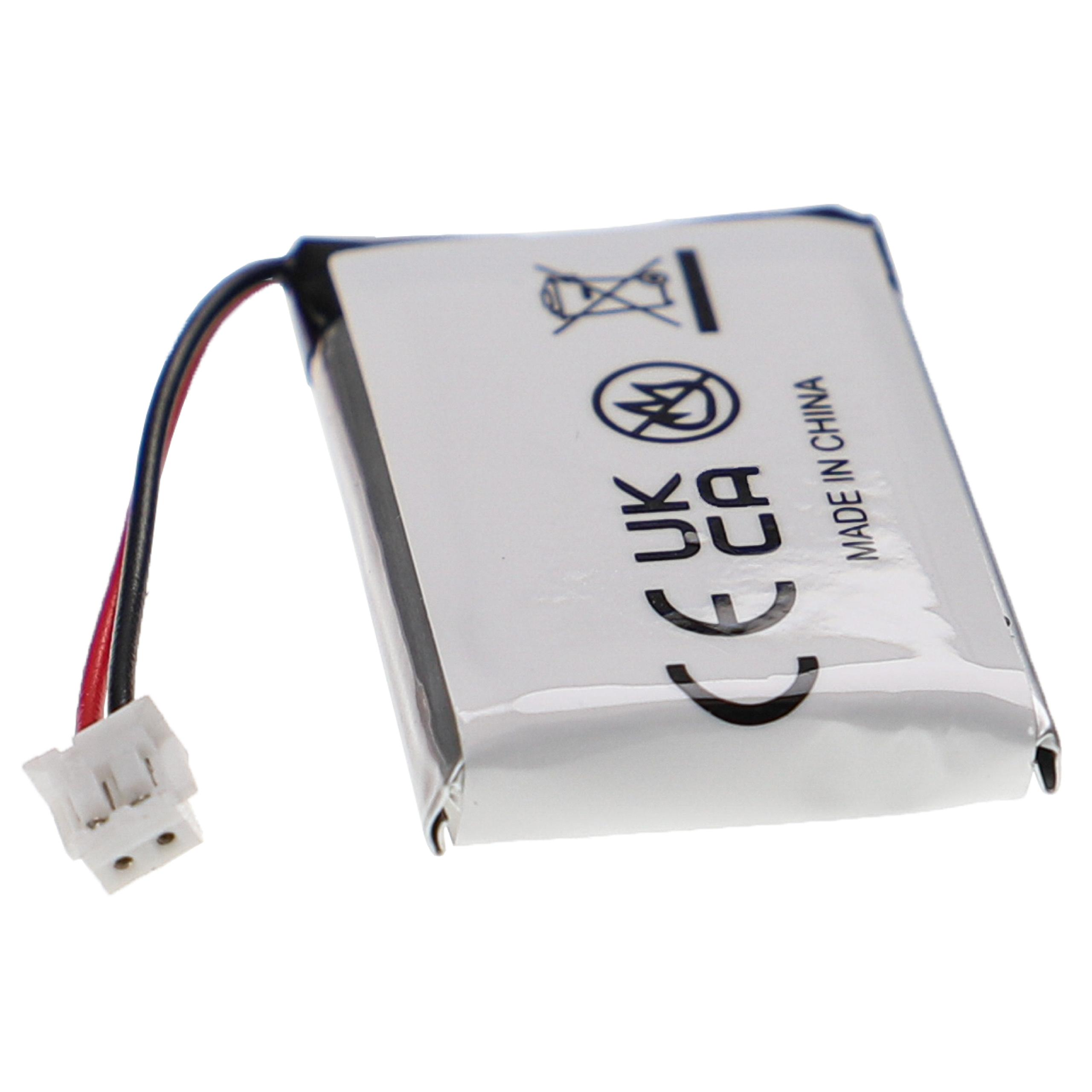 Eine kleine Batterie mit weißem Etikett, Drähten und einem Stecker. UKCA- und CE-Zeichen sind sichtbar.