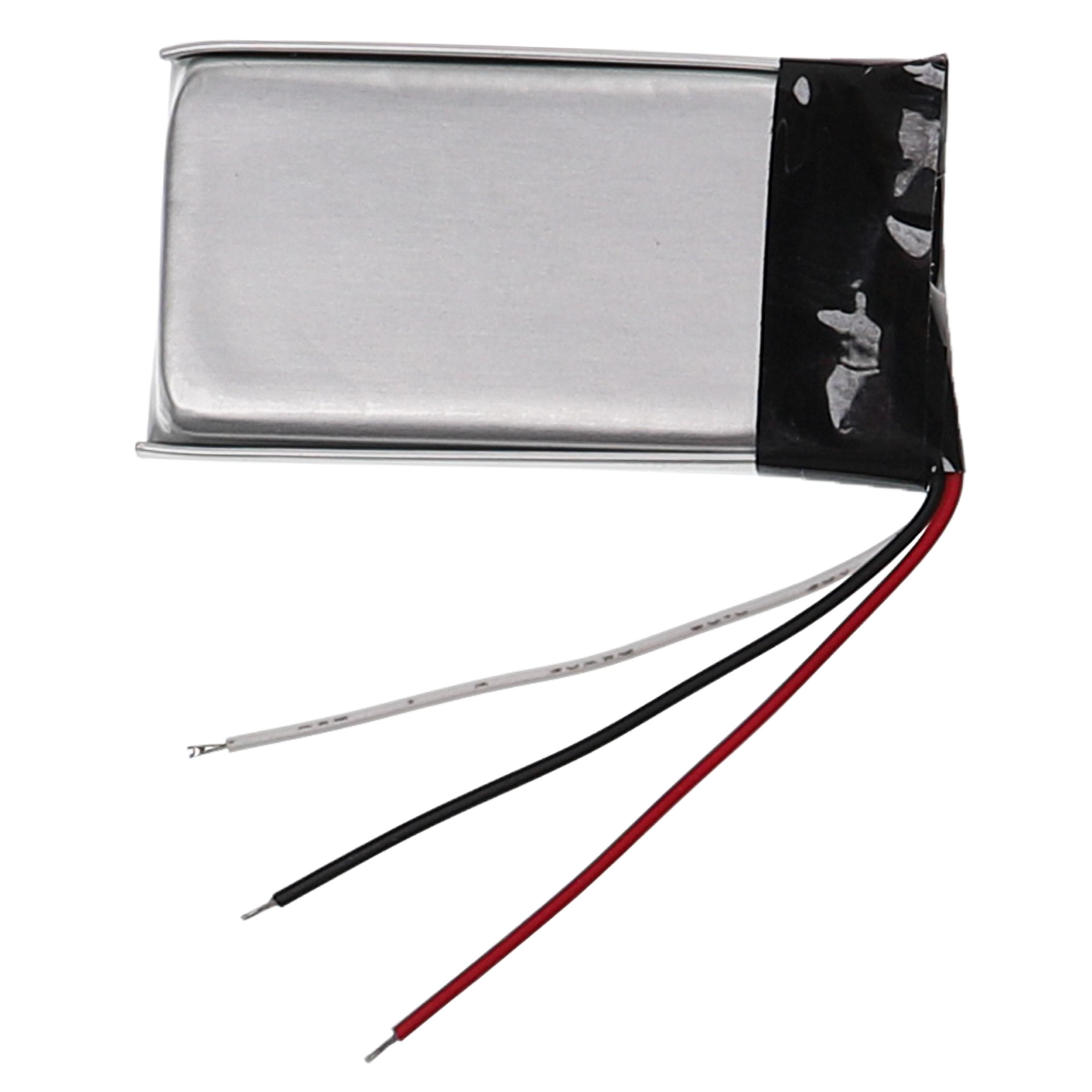 Ein silbernes rechteckiges Batteriepack mit drei farbigen Drähten.