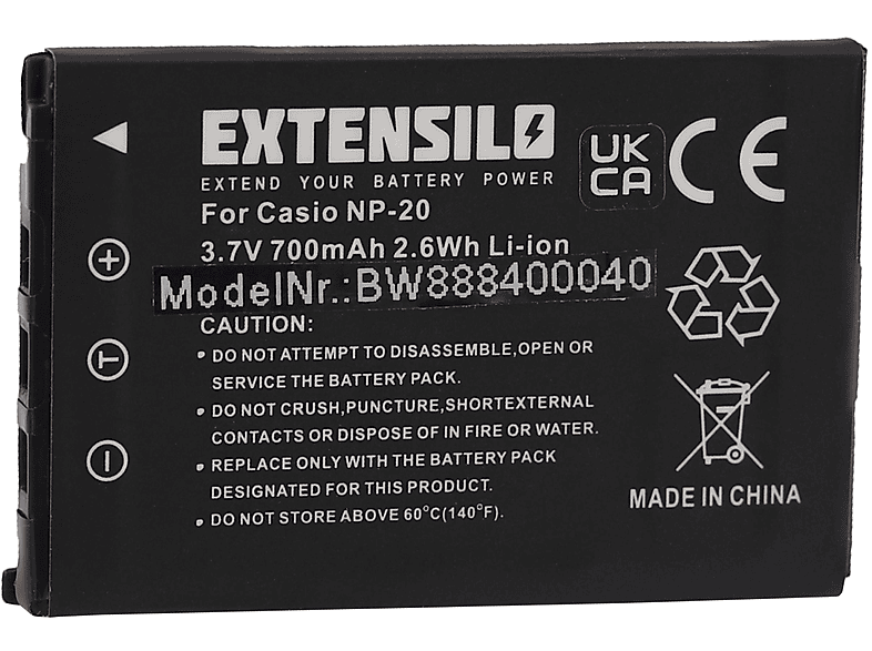 EXTENSILO kompatibel mit 3.7 EX-Z8, Casio Kamera, SX-S770 - Volt, Exilim 700 EX-Z770, Li-Ion Akku