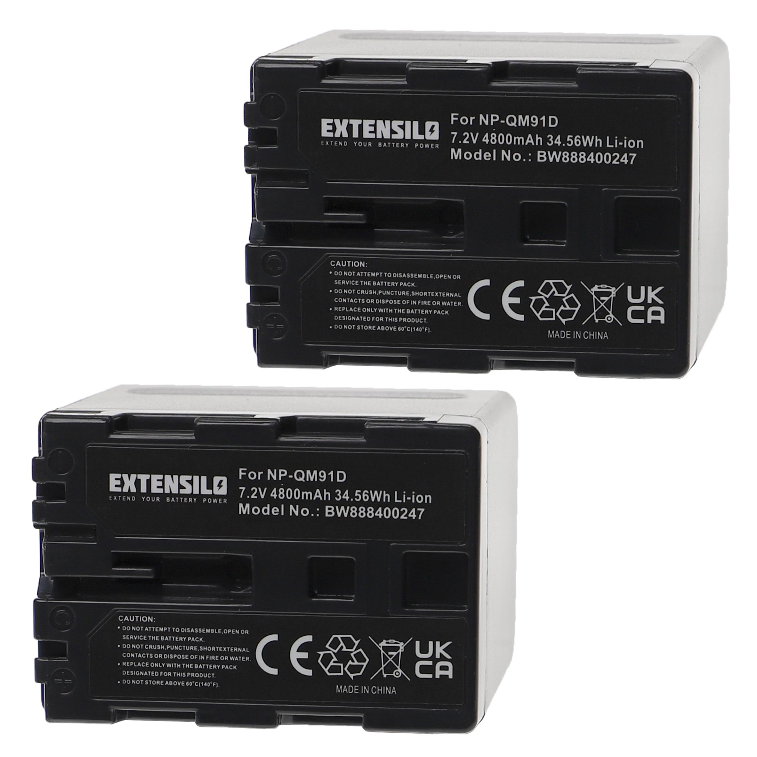 Zwei schwarze Batterien mit weißen Etiketten, Warnhinweisen und einem Logo auf weißem Hintergrund.