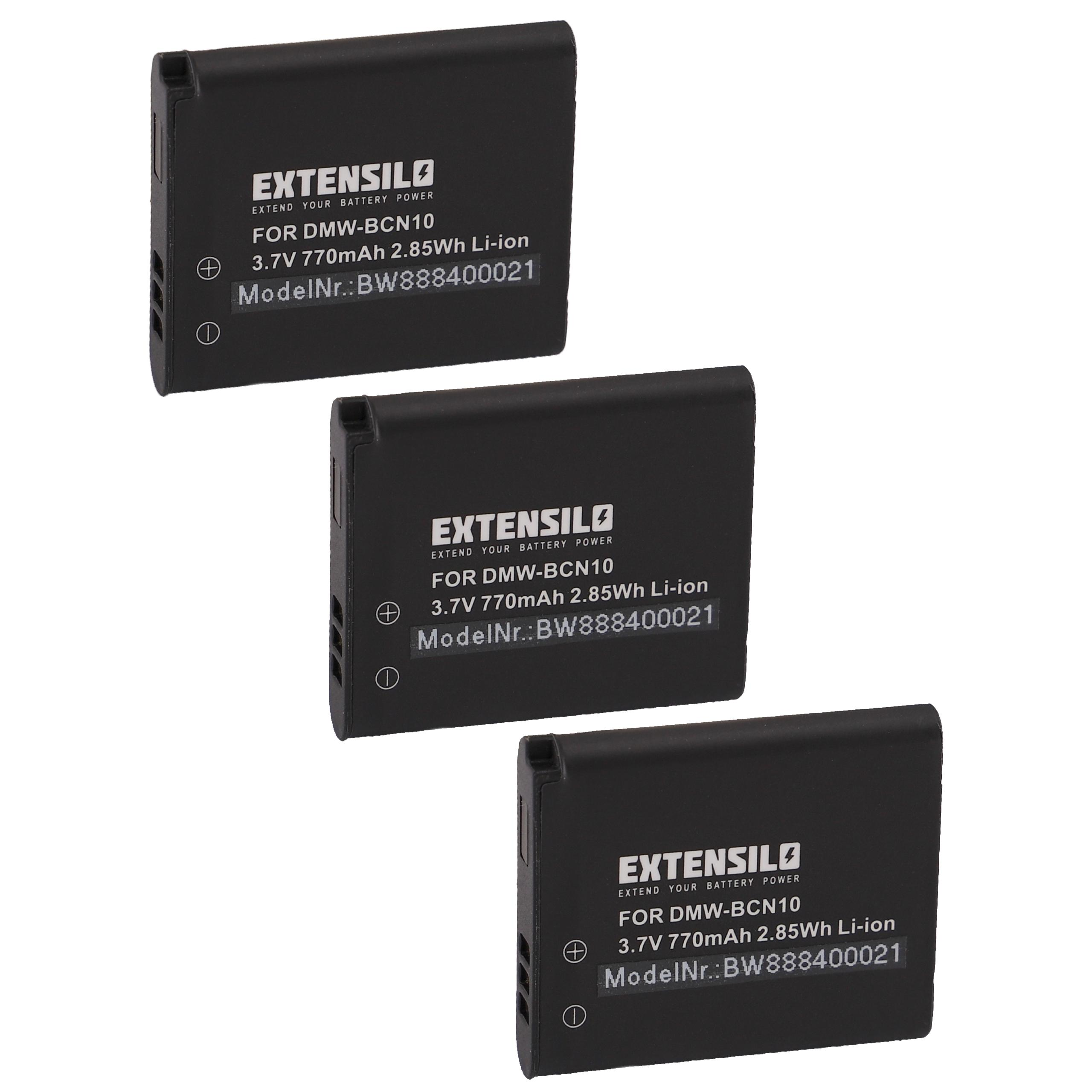 Drei schwarze EXTENSILO DMW-BCN10 Batterien mit weißer Schrift auf weißem Hintergrund.