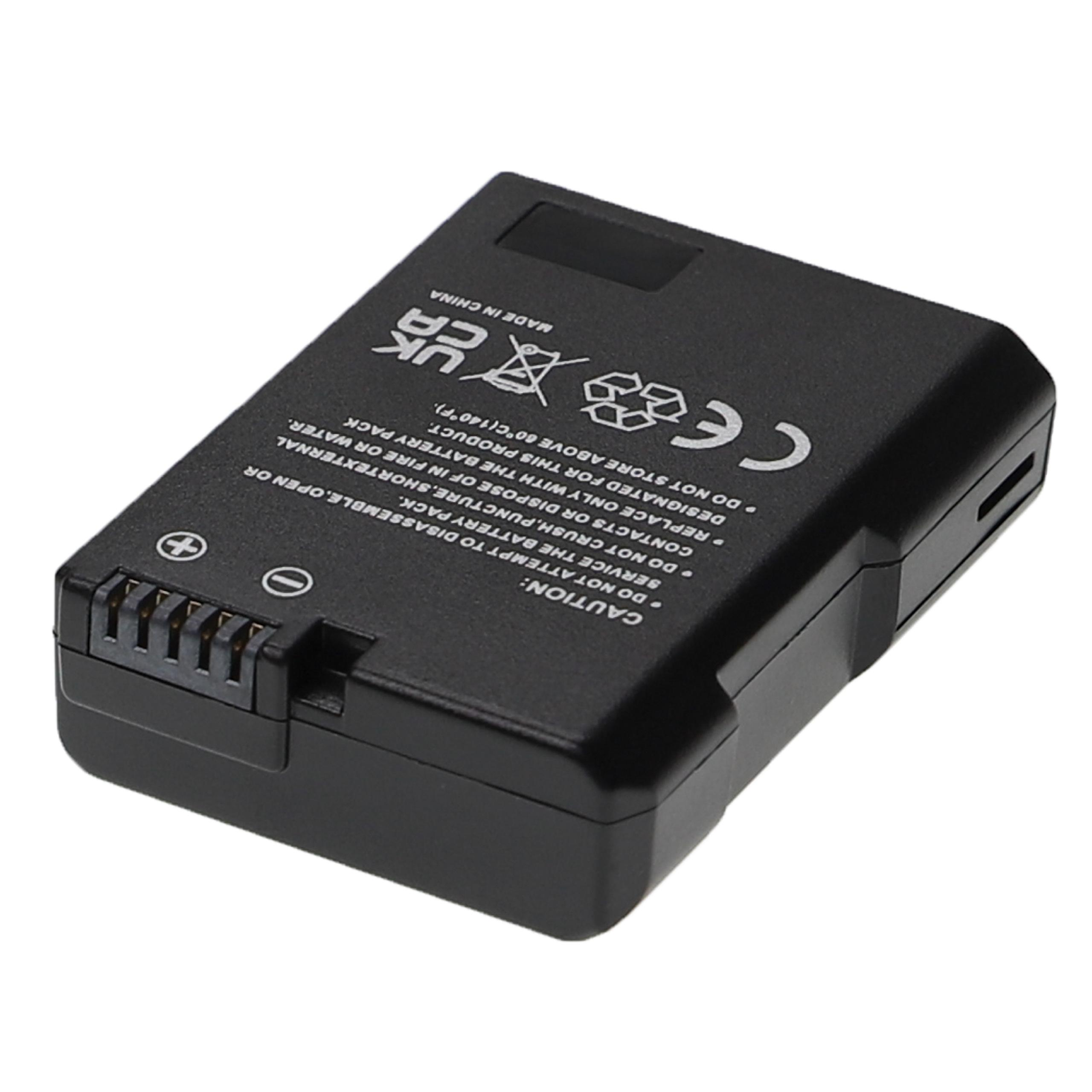 Schwarze rechteckige Batterie mit Text und Symbolen, Stecker unten. Weißer Hintergrund. Hergestellt in China.