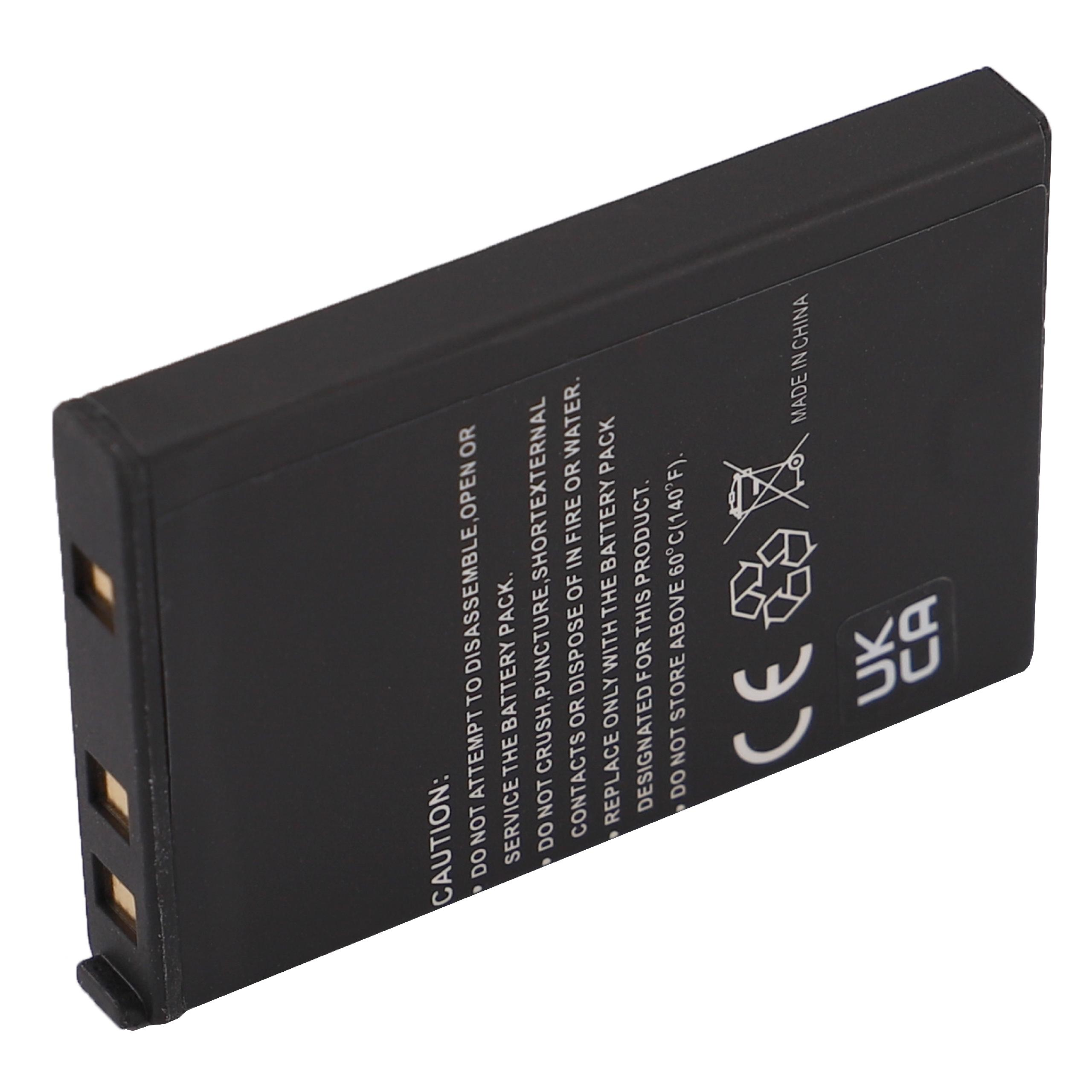 Schwarze rechteckige Batterie mit Text an der Seite, Stecker unten. Weißer Hintergrund. Hergestellt in China.