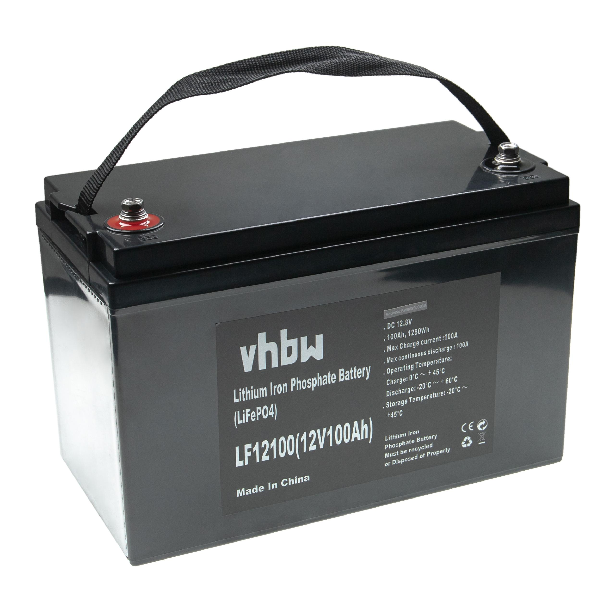 Schwarzer Akku mit Text, weißer Hintergrund. Aufschrift: vhbw, Lithium-Eisenphosphat-Batterie. Hergestellt in China.