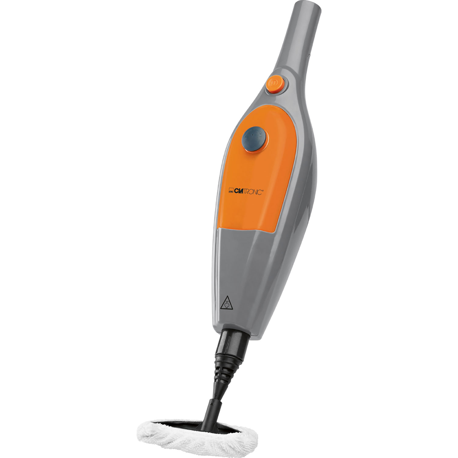 Szary i pomarańczowy mop parowy. Ma uchwyt i nakładkę czyszczącą.