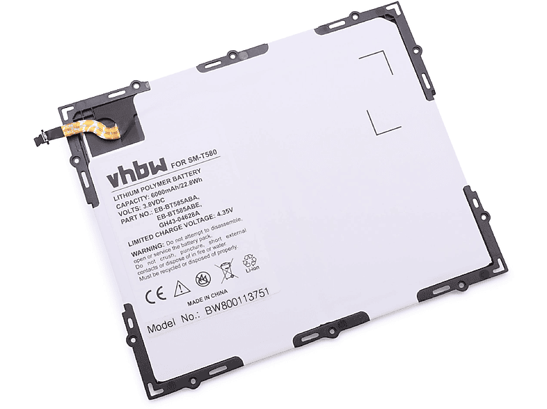 VHBW kompatibel mit Samsung Galaxy Tab A 10.1 2016 TD-LTE, A 10.1 2016 WiFi, E 10.1, SM-P580, SM-P585M Li-Polymer Akku - Tablet, 3.8 Volt, 6000
