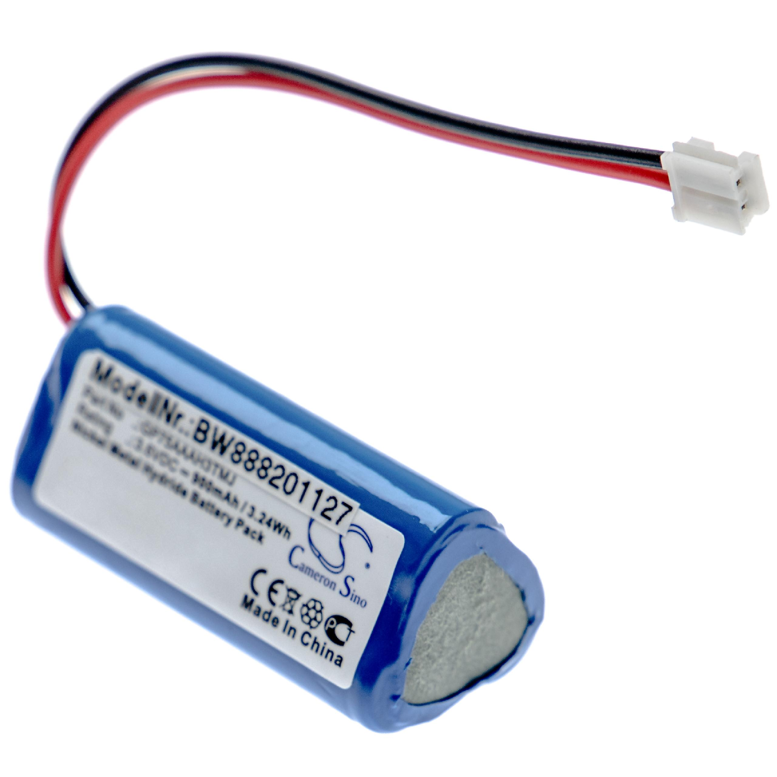 Blaue zylindrische Batterie mit Etikett und schwarzen und roten Drähten.