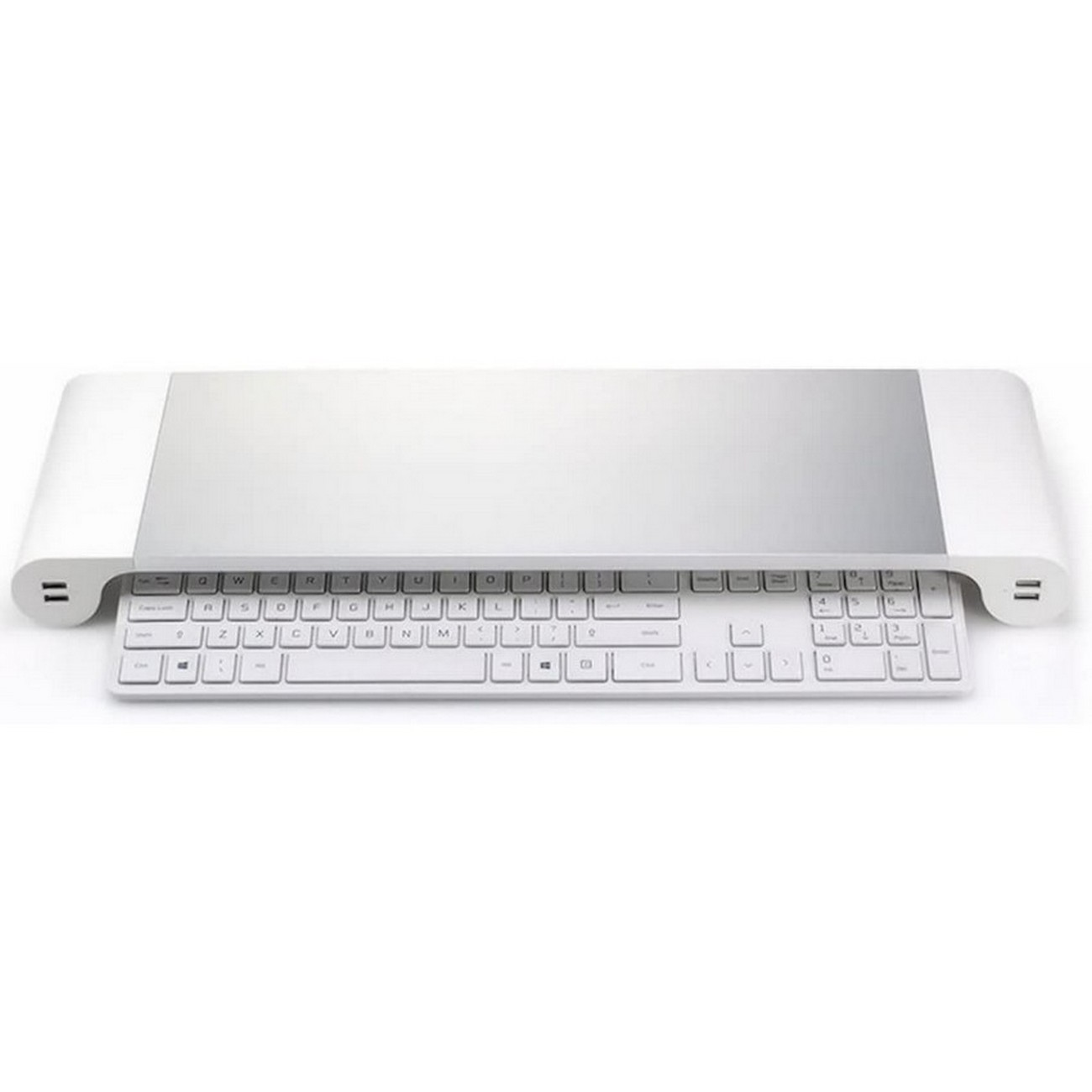Un teclado blanco con un soporte blanco, mostrado desde una perspectiva ligeramente elevada.