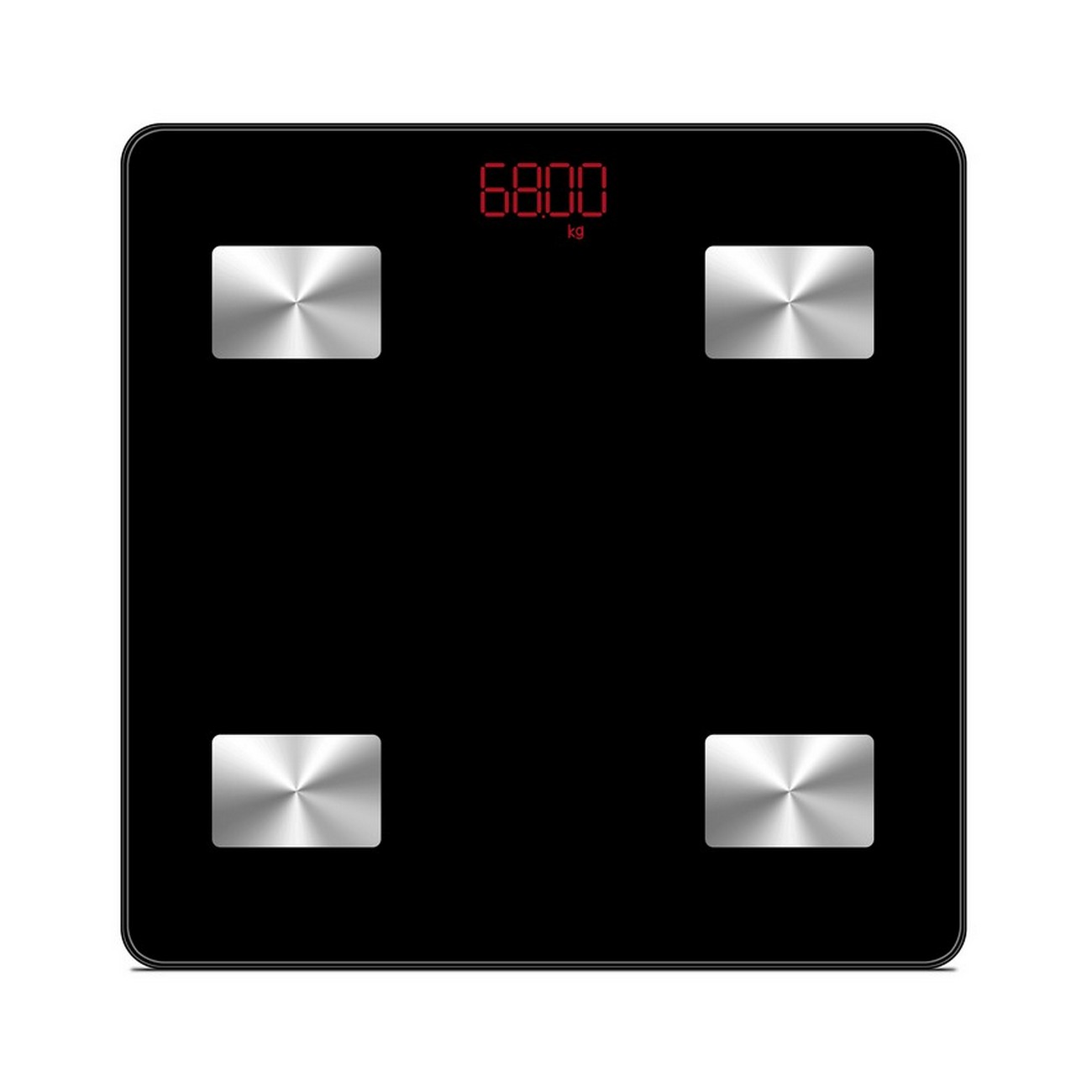 Báscula digital negra con una pantalla que muestra 68,00 kg. Tiene cuatro almohadillas cuadradas metálicas.
