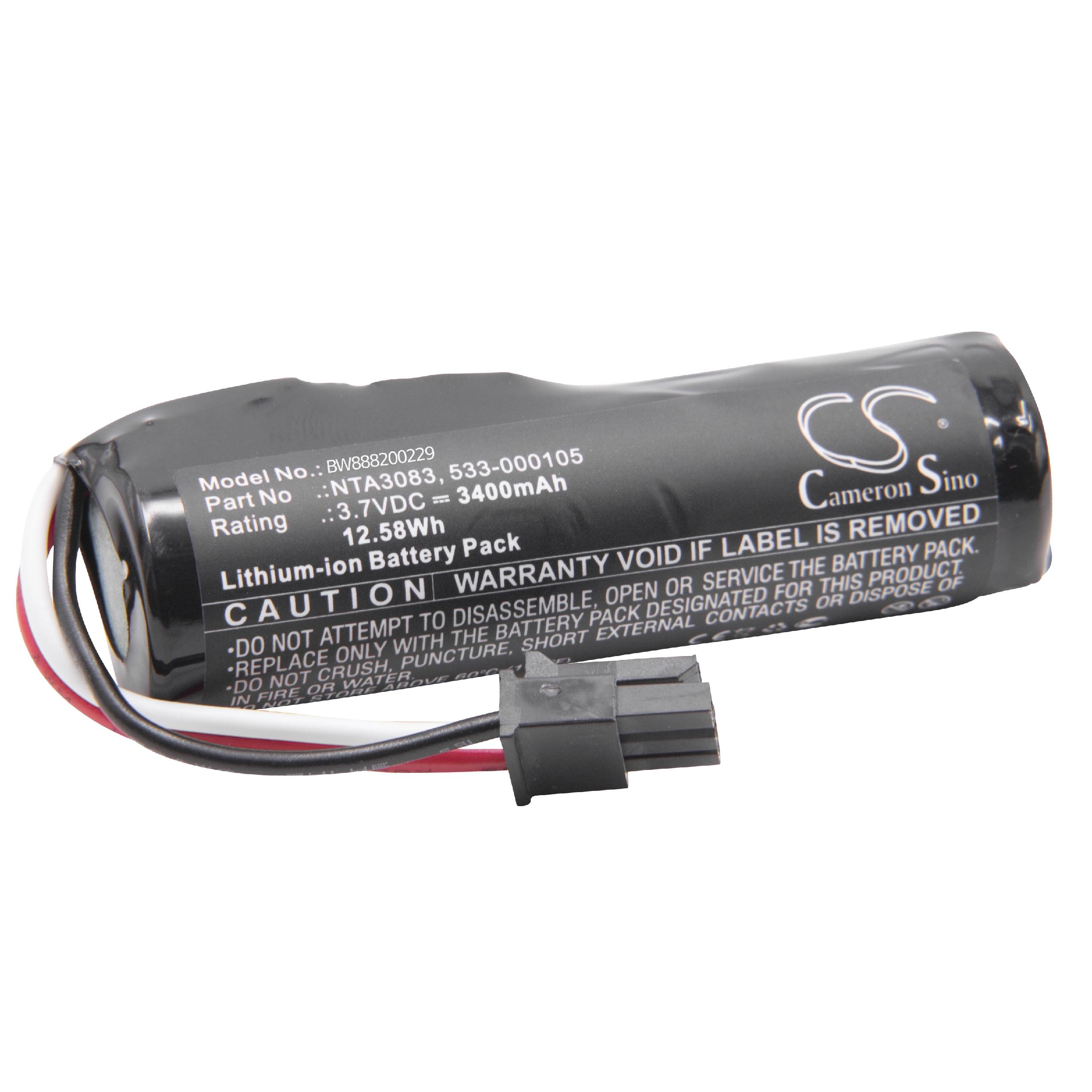 Zylindrische schwarze Batterie mit Etikett, Kabeln und Stecker. Das Etikett enthält Warnhinweise.