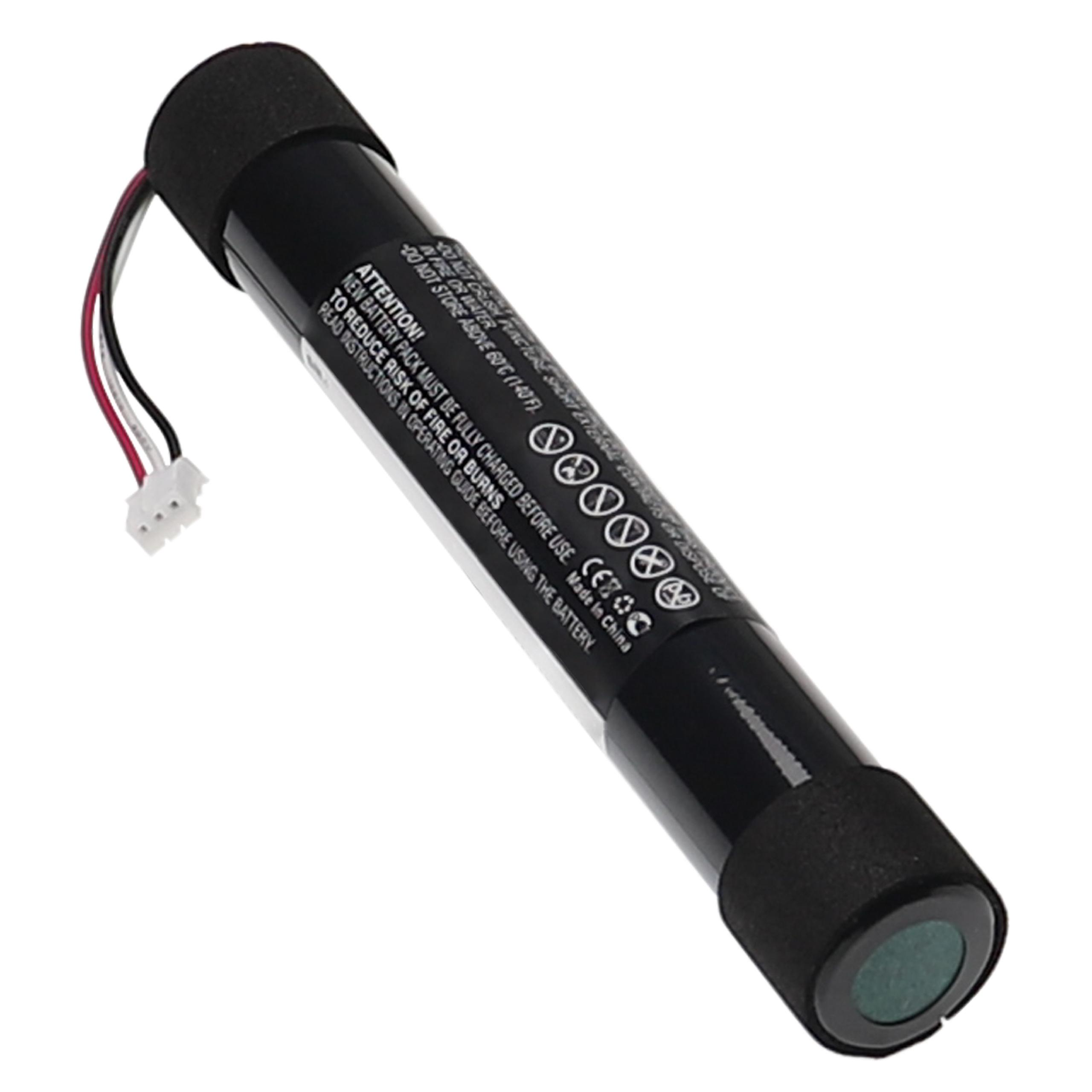 Eine schwarze zylindrische Batterie mit Drähten und Etiketten. Text: New Battery Pack must be fully charged before use.