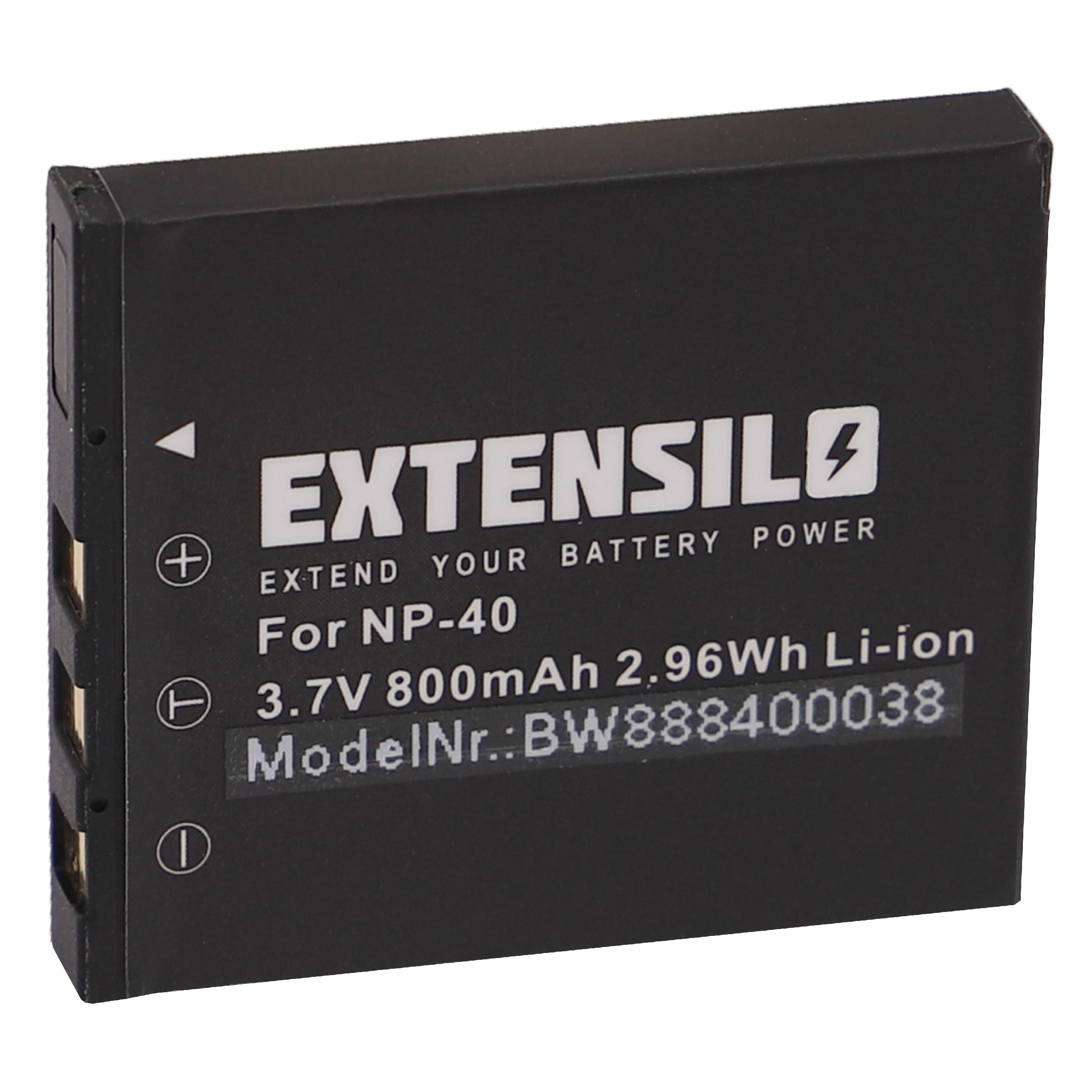 Ein schwarzer Akku mit weißem Text. Er lautet: EXTENSILO, Extend Your Battery Power, For NP-40, 3,7 V 800 mAh, ModelNr.: BW888400038.