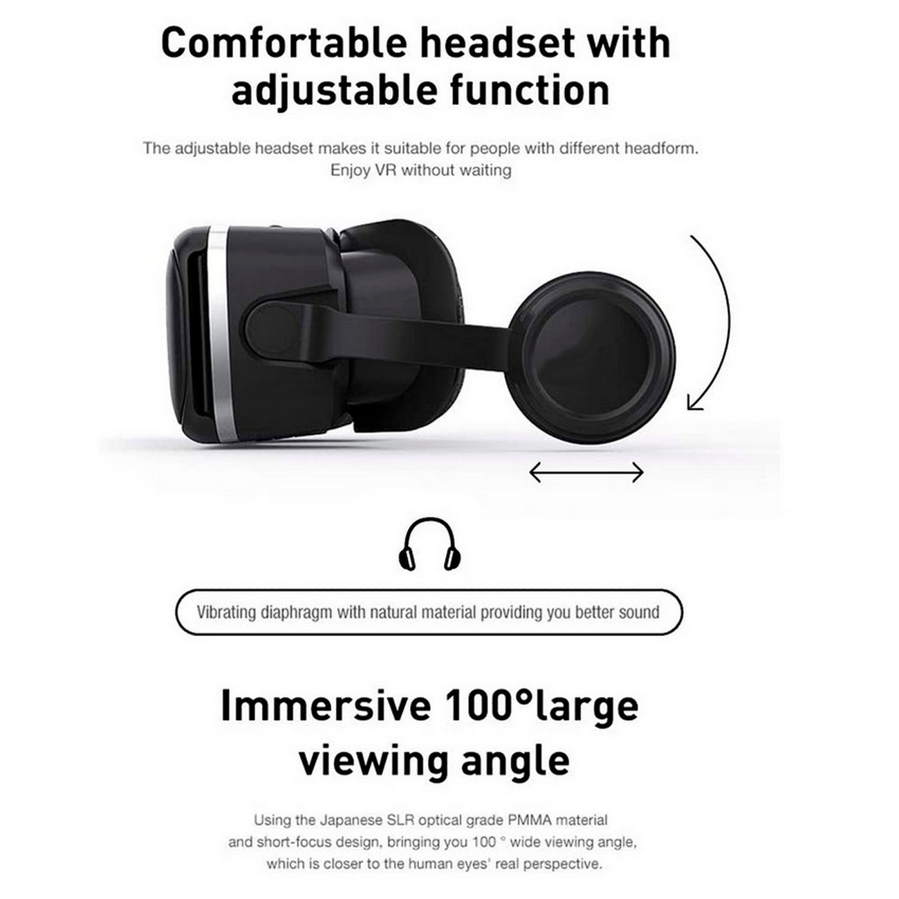 Auriculares de realidad virtual negros con texto que describe las características, incluido un ángulo de visión de 100°.