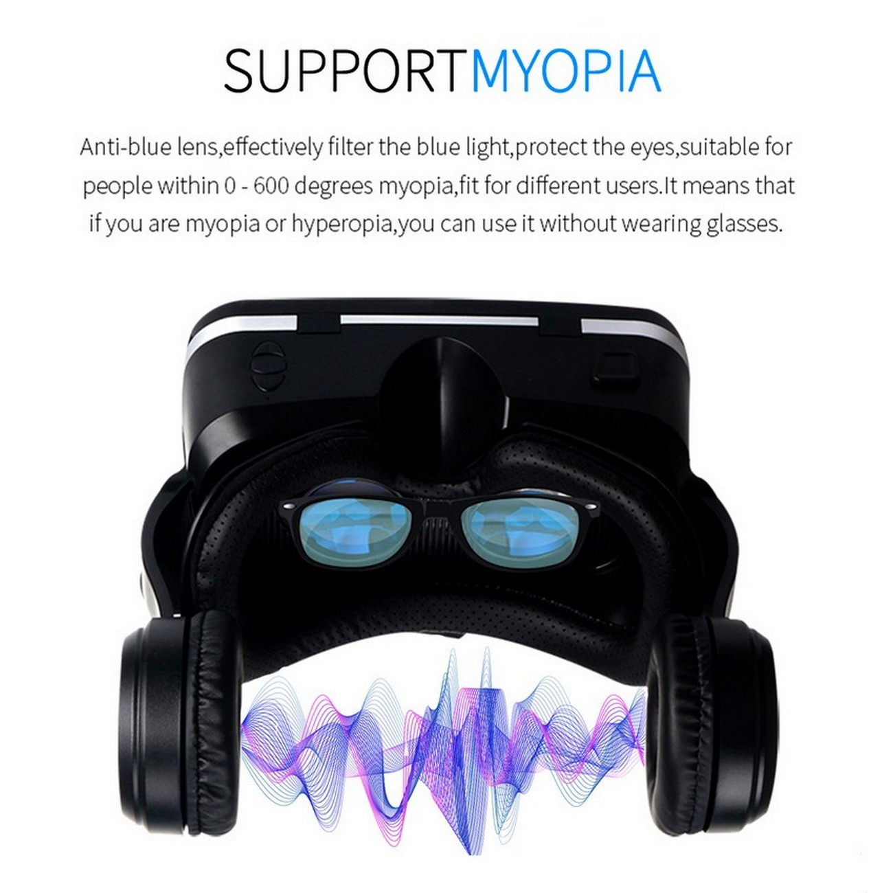 Auriculares de realidad virtual con lentes azules y auriculares, texto SUPPORT MYOPIA.