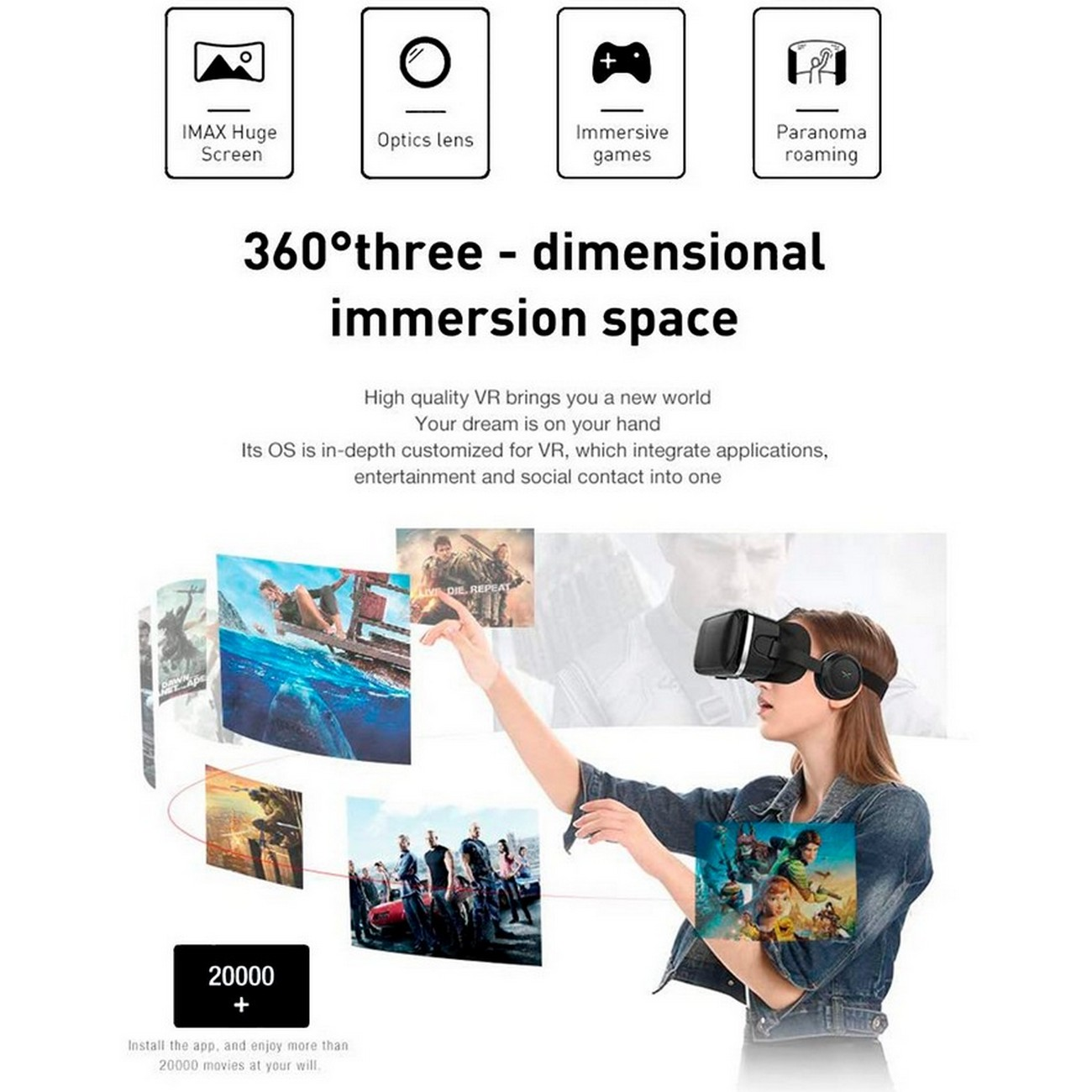 Mujer con auriculares VR. Gráficos indican inmersión 360° con imágenes y texto.