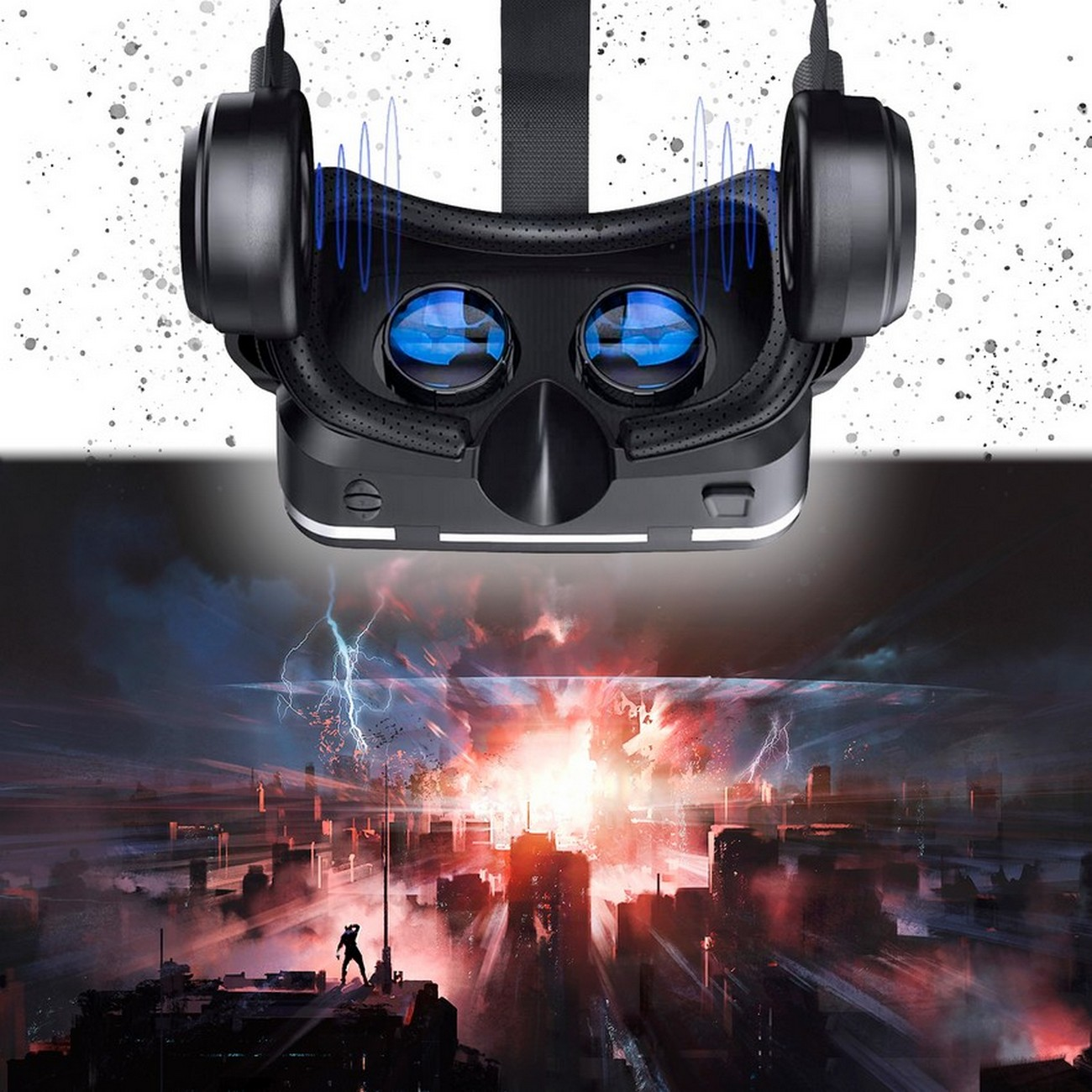 Gafas de realidad virtual con fondo de ciudad. El casco es negro con lentes azules.