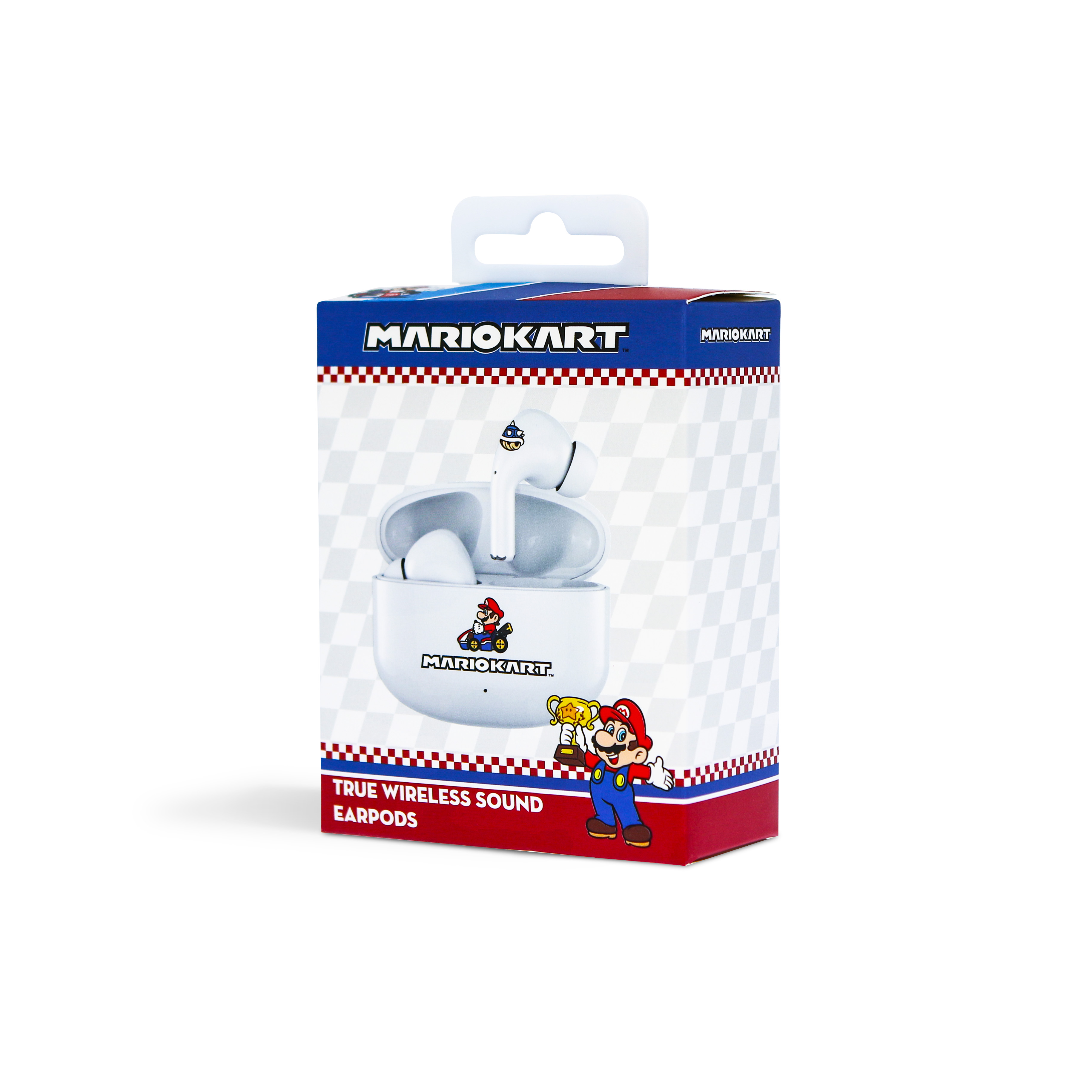 Pudełko słuchawek Mariokart z widocznymi słuchawkami.