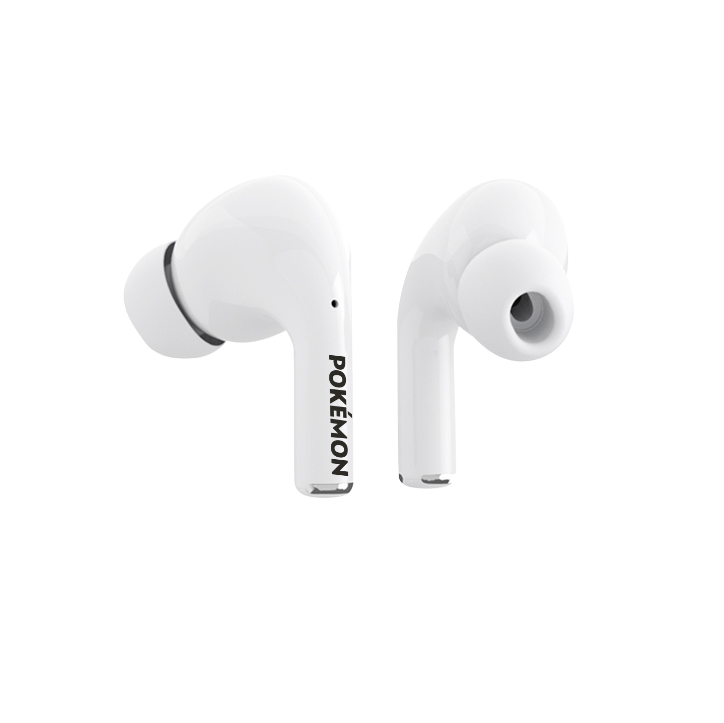 Białe bezprzewodowe słuchawki. Jedna w uchu, druga z tekstem Pokémon.