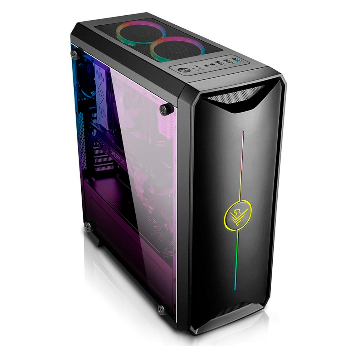 Una carcasa de computadora negra con un panel lateral de vidrio. Tiene luces RGB y un logotipo en la parte delantera.