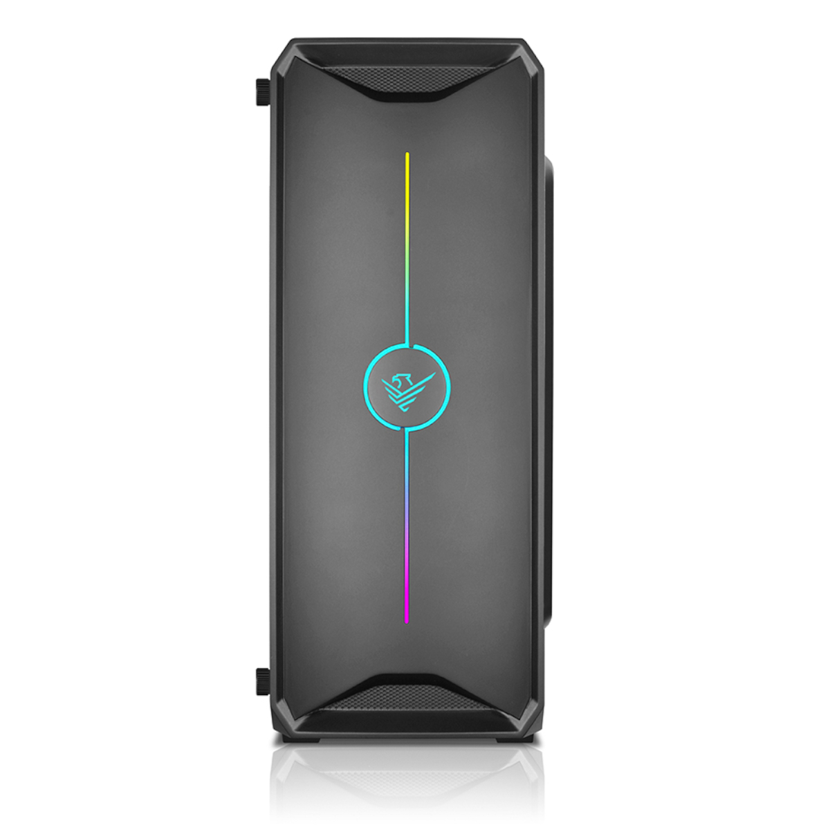 Una caja de ordenador negra con una tira de luz RGB vertical y un logotipo en la parte delantera.