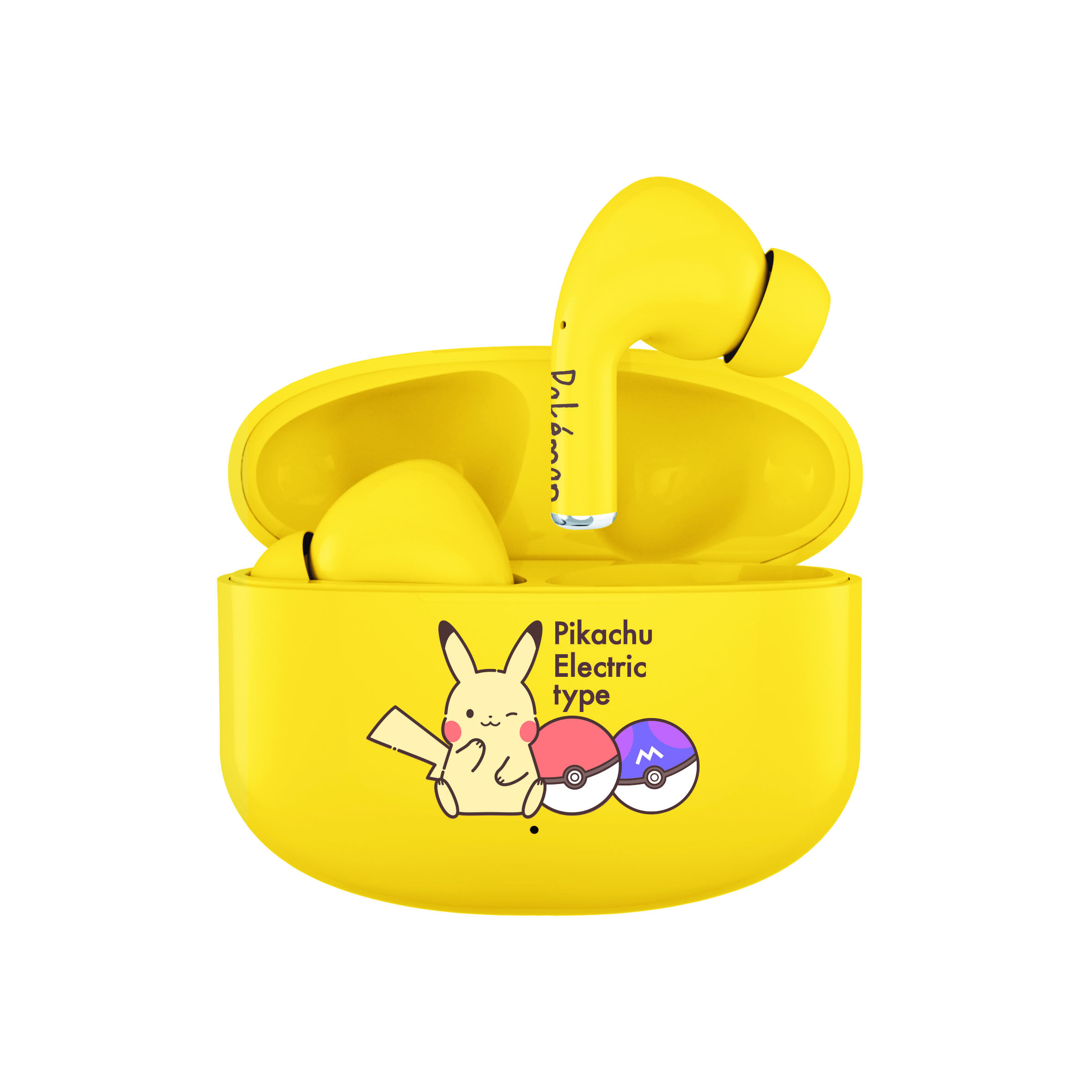 Żółte bezprzewodowe słuchawki Pikachu w żółtym etui ładującym. Grafika Pikachu i Pokeball na etui.