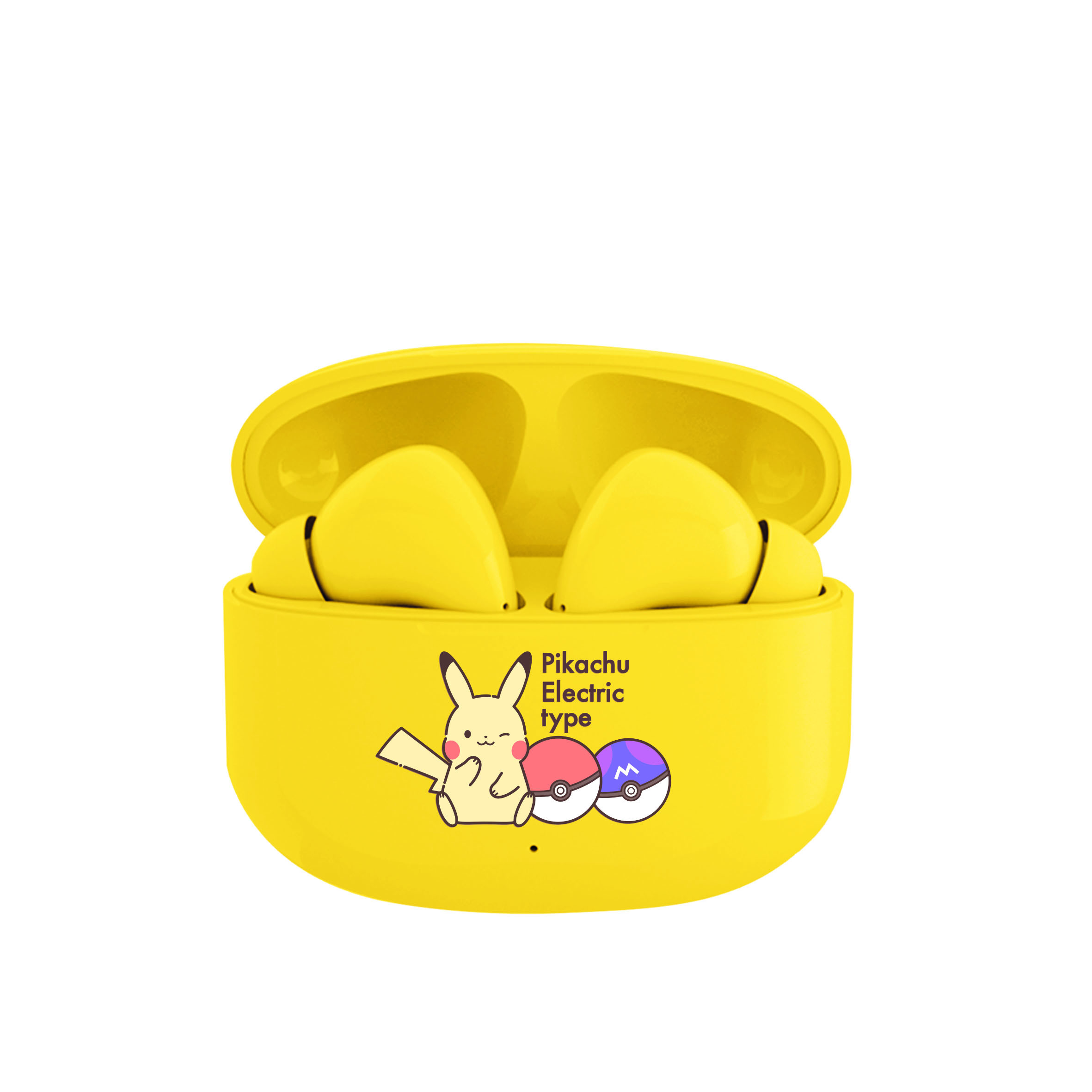 Żółte słuchawki douszne z motywem Pikachu w żółtym etui ładującym. Etui ma ilustrację Pikachu.