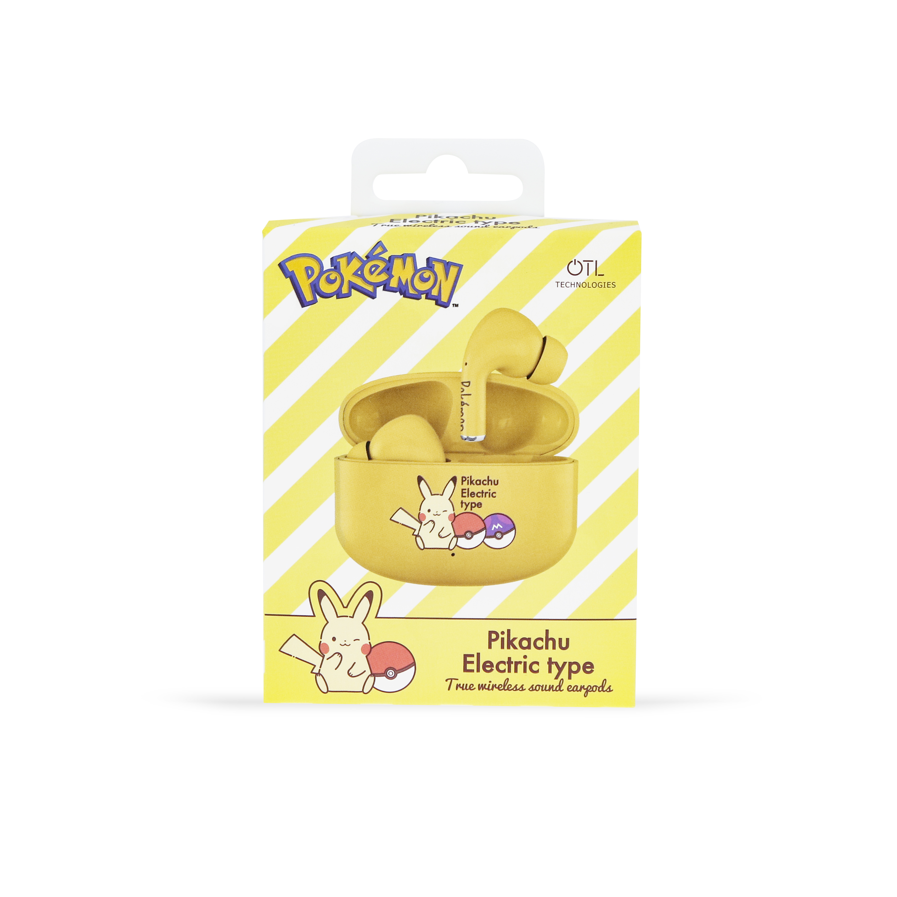 Żółte słuchawki Pokemon w żółtym pudełku. Pudełko ma grafikę Pikachu i logo Pokemon.