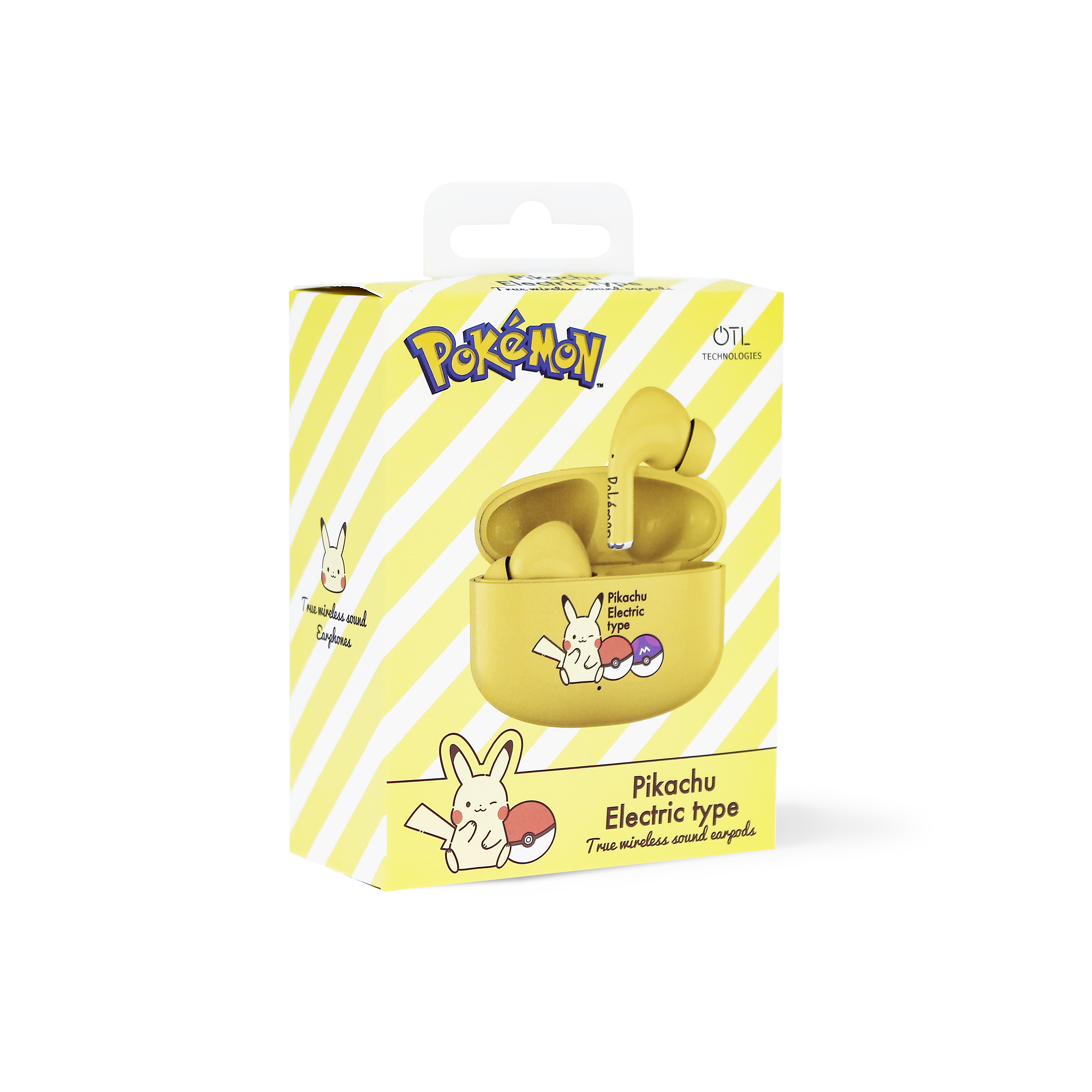 Żółte słuchawki douszne w stylu Pikachu w pudełku. Ma logo Pokémon i ilustracje.