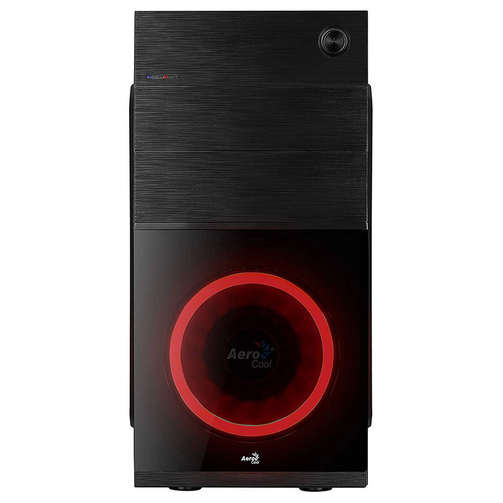 Una carcasa de computadora negra con un anillo rojo brillante en la parte delantera. Logo AeroCool visible.
