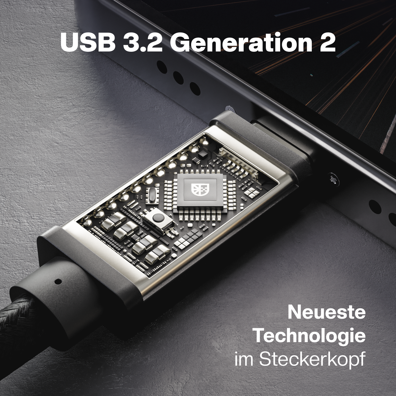 USB 3.2 Generation 2 Kabel an ein Telefon angeschlossen, das seine inneren Komponenten zeigt.