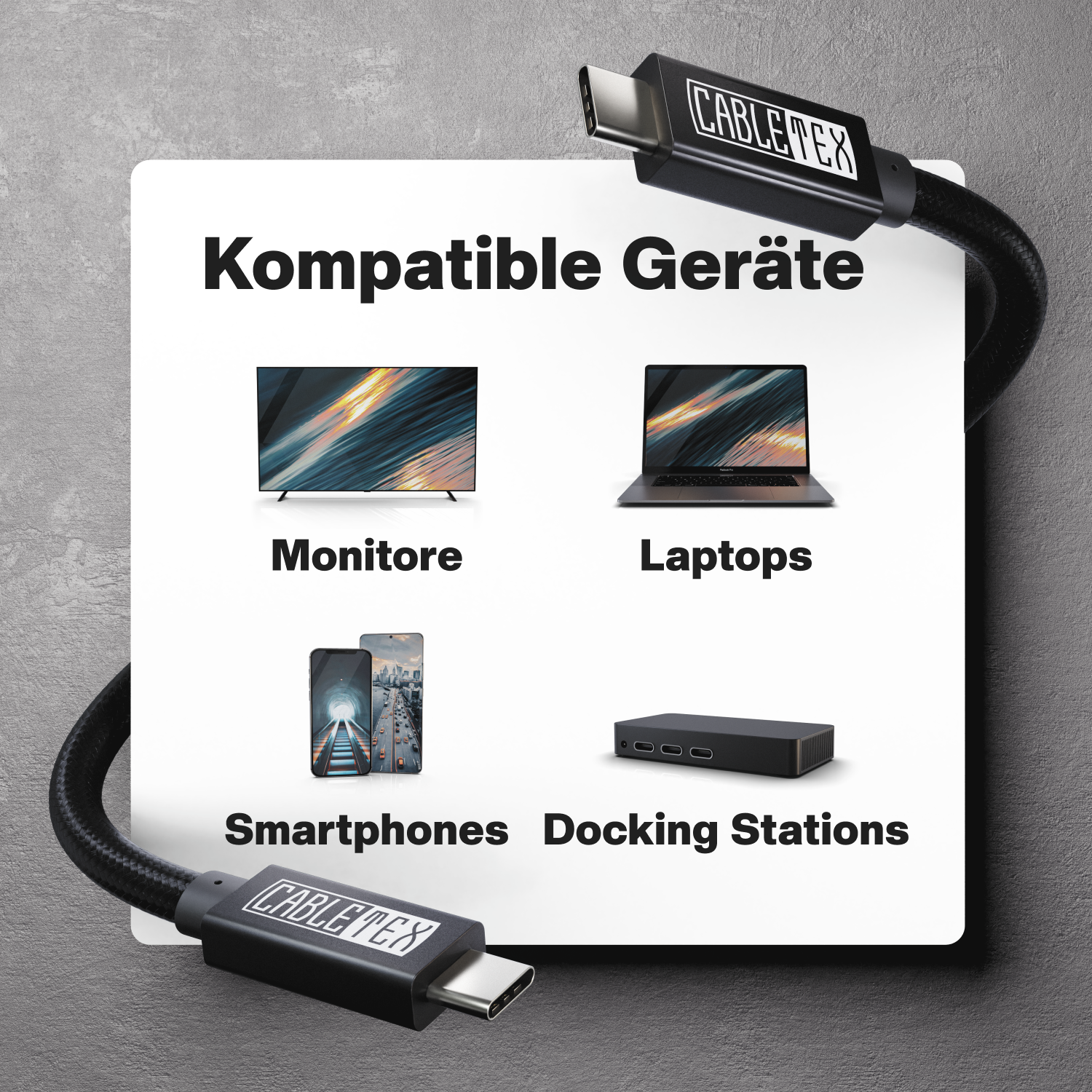 Weißer Hintergrund mit weißem Quadrat. Das Quadrat hat Bilder von Monitor, Laptop, Smartphone und Dockingstation. Kabel.