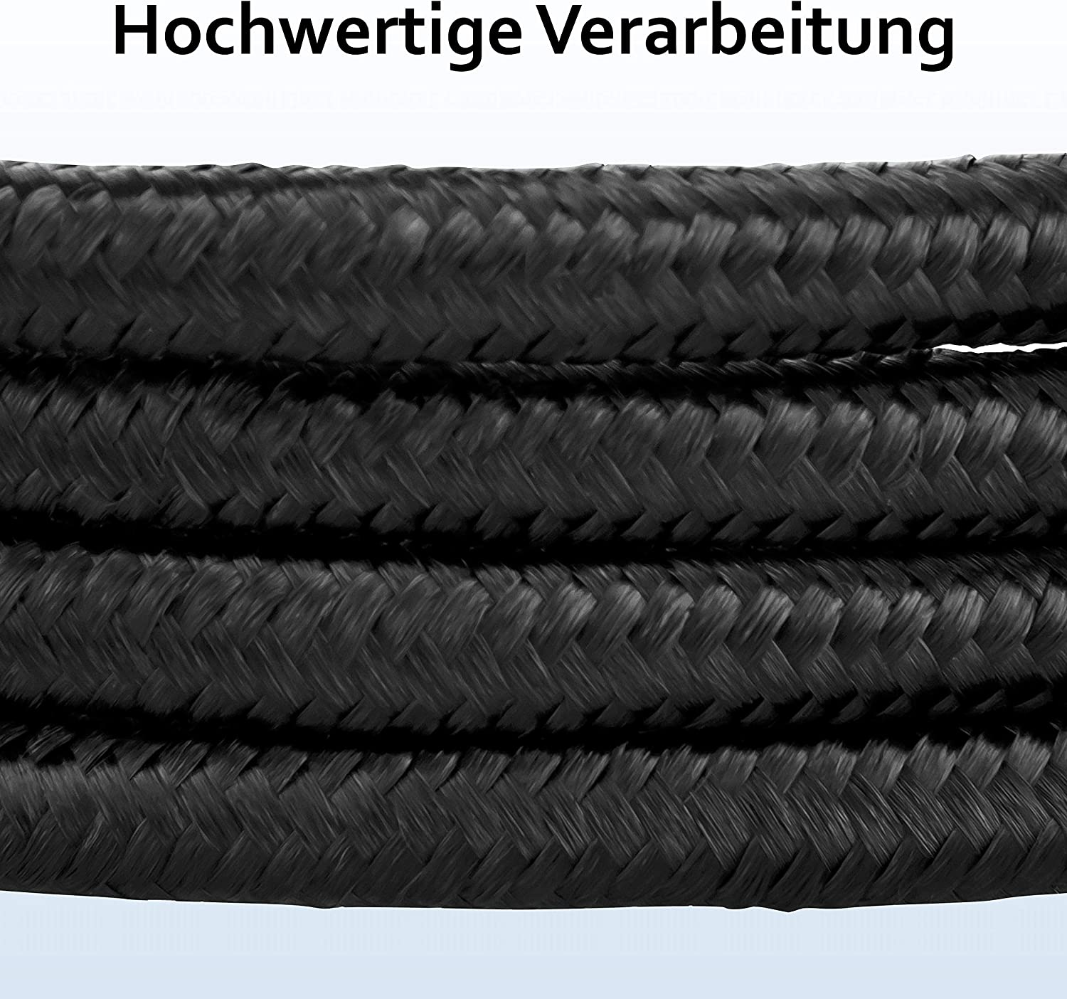Nahaufnahme von schwarzen geflochtenen Kabeln, mit dem Text 'Hochwertige Verarbeitung' oben.