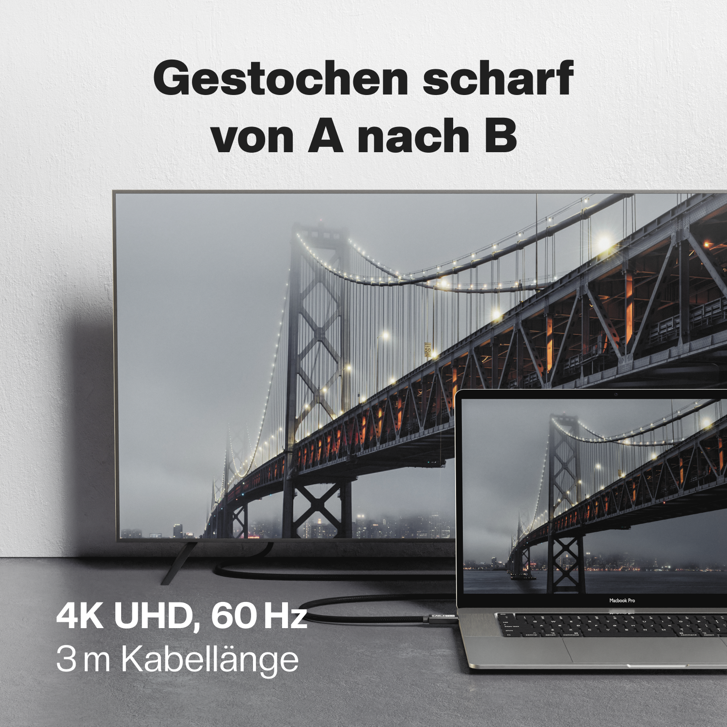 Fernseher und Laptop mit der Golden Gate Bridge und Text.