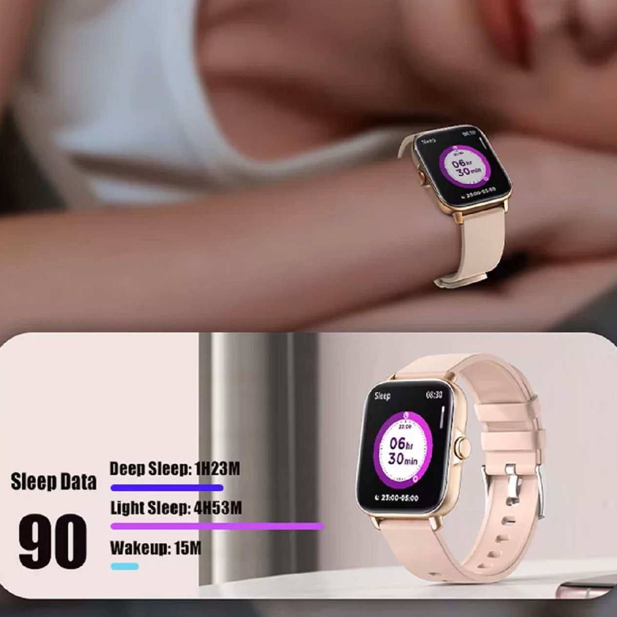 Eine Smartwatch am Handgelenk, die Schlafdaten wie Tiefschlaf, Leichtschlaf und Aufwachzeit zeigt.