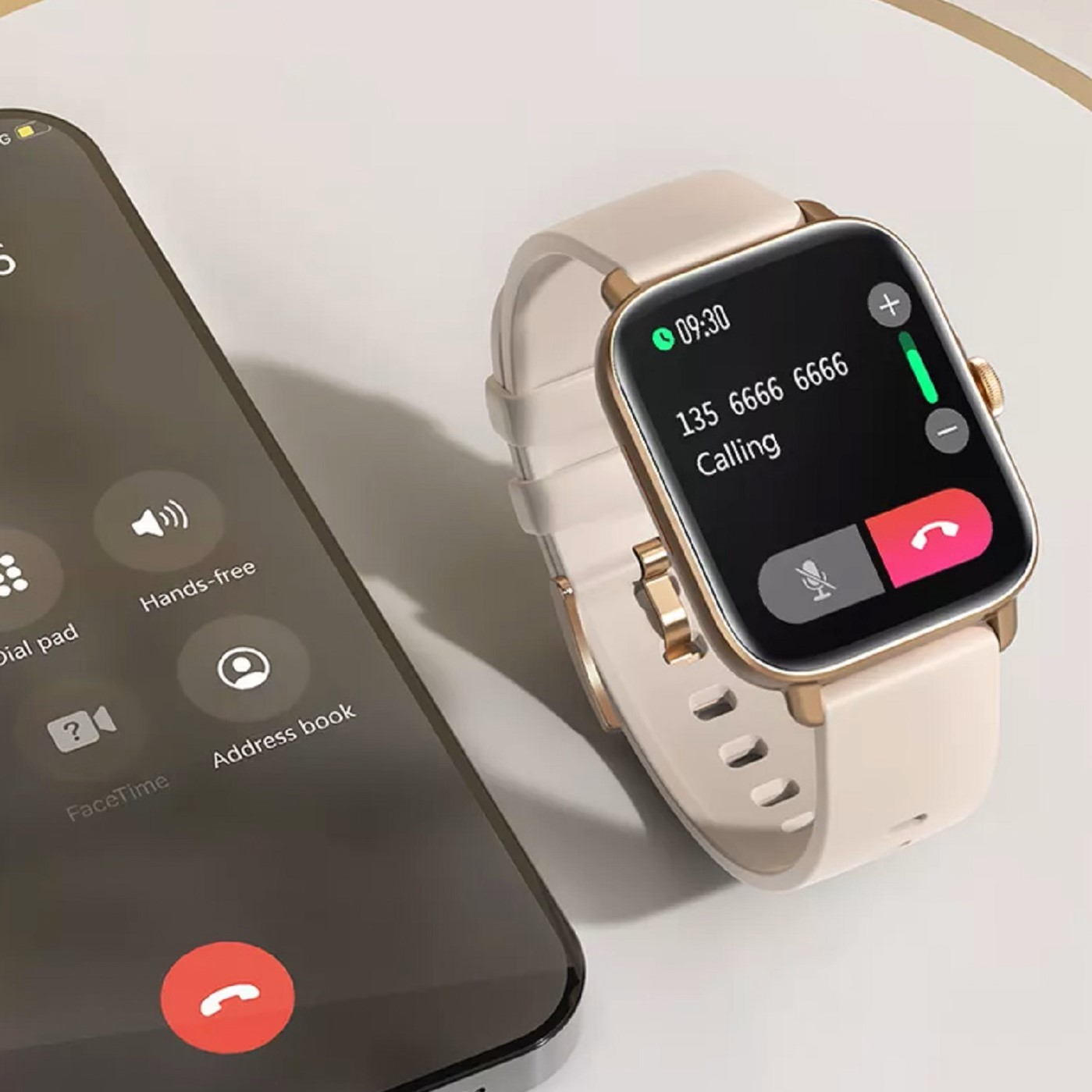 Smartwatch, das einen Anrufbildschirm mit einem Telefonsymbol und ein verbundenes Telefon anzeigt.