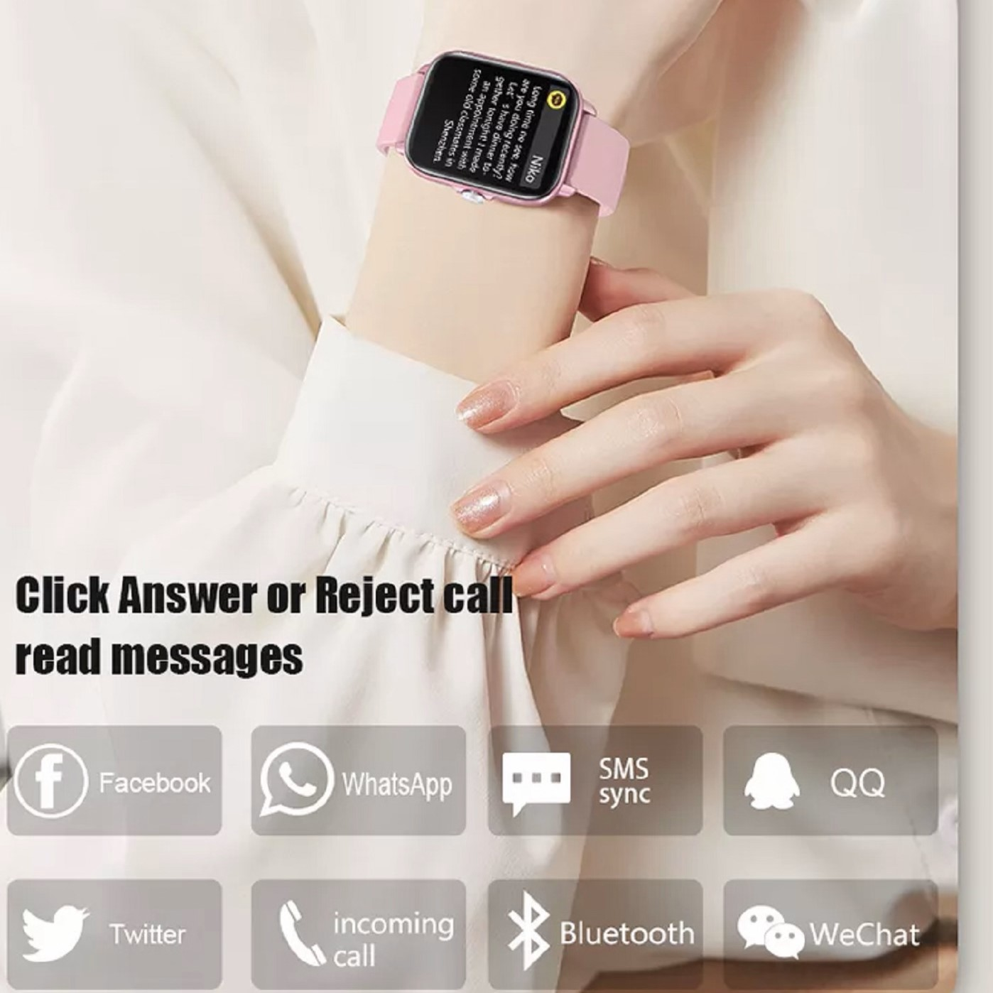 Eine pinkfarbene Smartwatch am Handgelenk. Zeigt Benachrichtigungen mit App-Symbolen von Facebook, WhatsApp usw.