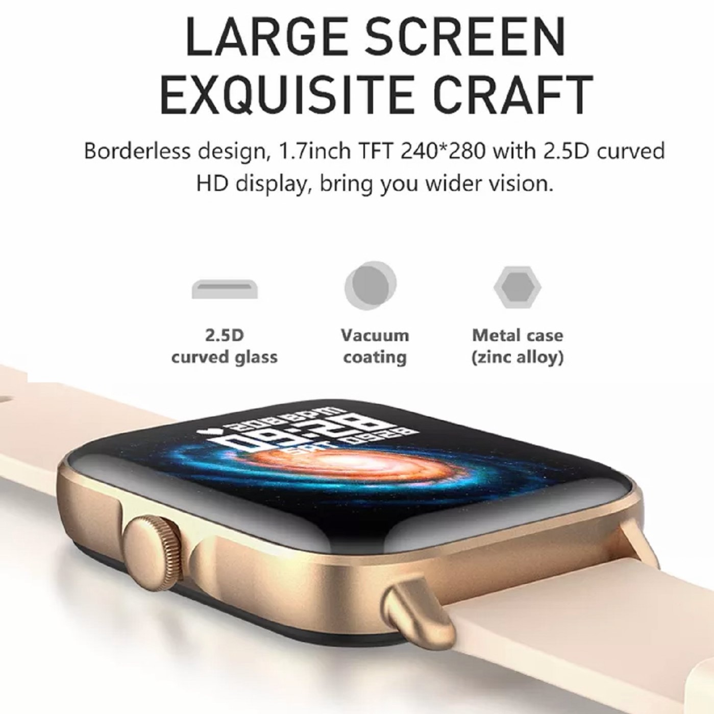 Smartwatch mit goldfarbenem Gehäuse und digitalem Display. Die Uhr befindet sich auf weißem Hintergrund.