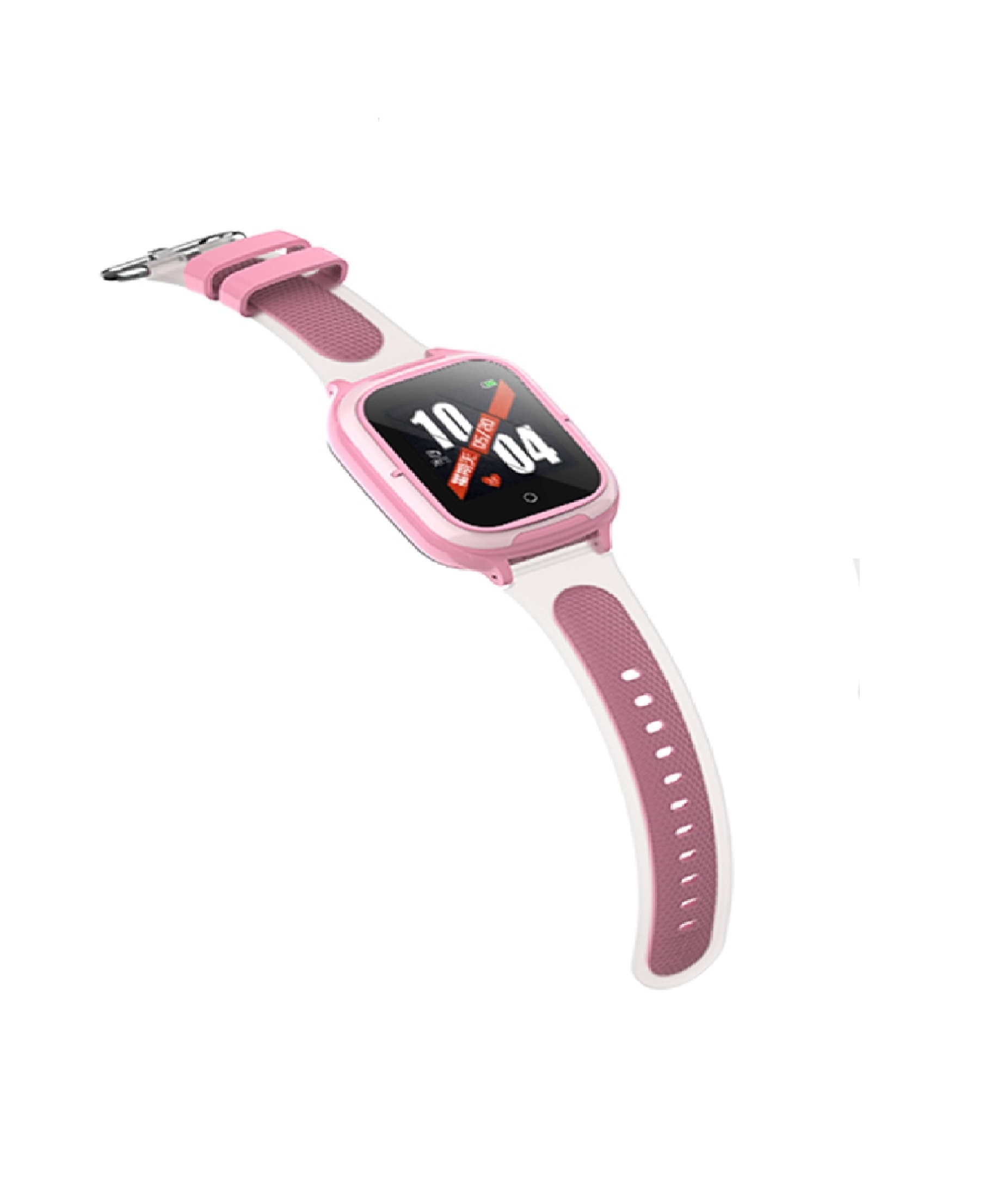 Rosa-weiße Smartwatch mit Anzeige von Uhrzeit und Datum.