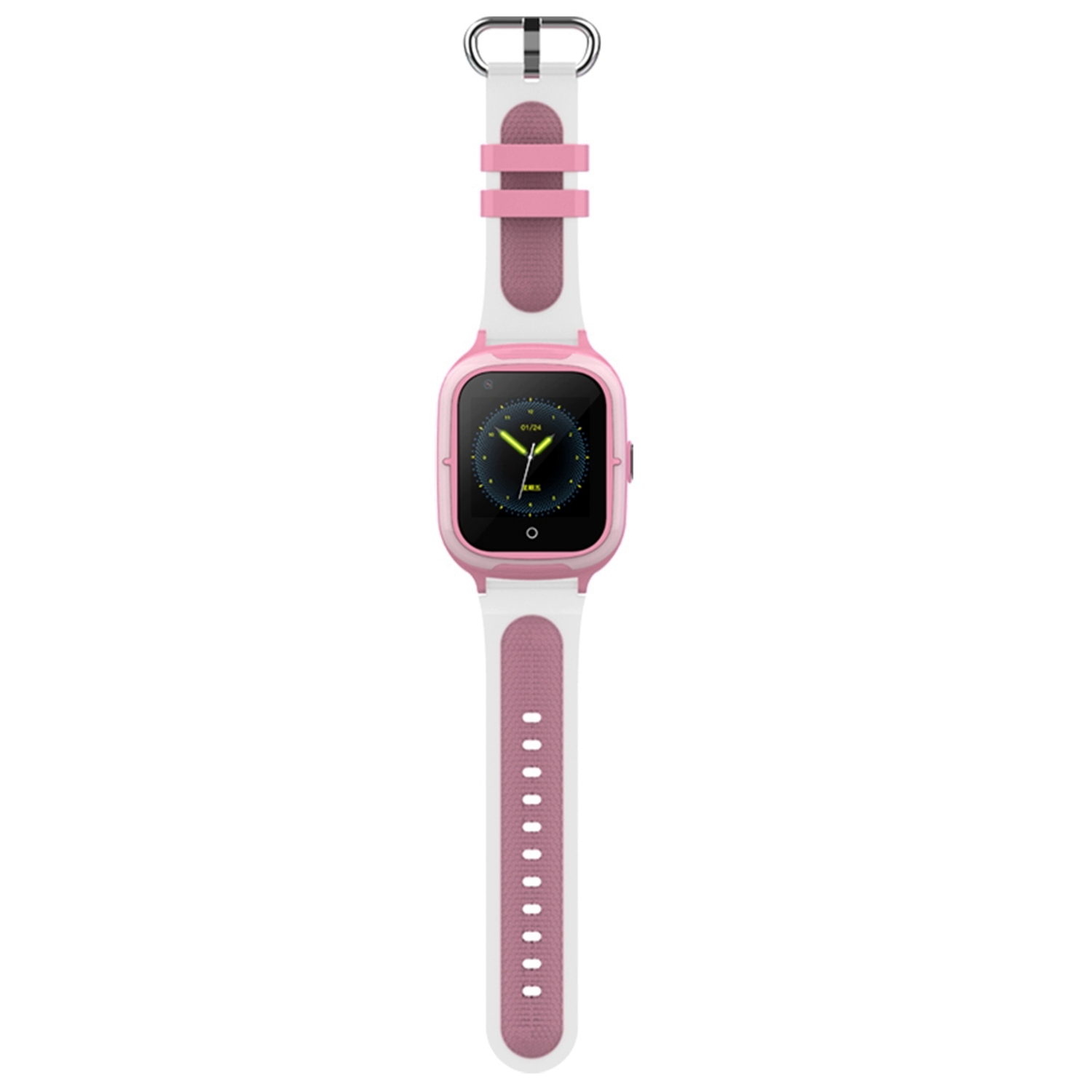 Eine pink-weiße Smartwatch mit schwarzem Bildschirm, der die Uhrzeit anzeigt. Das Armband ist pink und weiß.