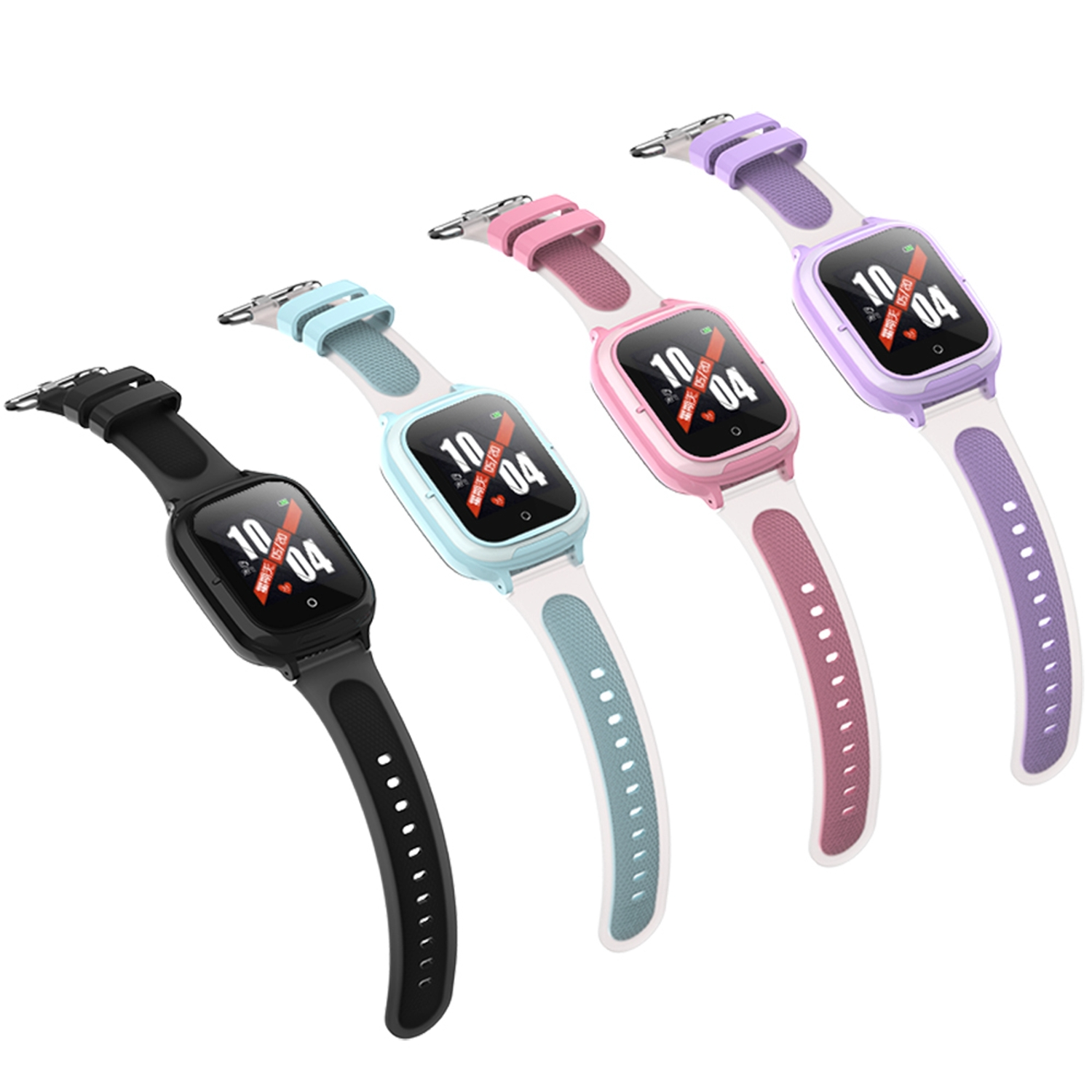 Cuatro smartwatches de diferentes colores: negro, azul, rosa y morado, sobre una superficie blanca.
