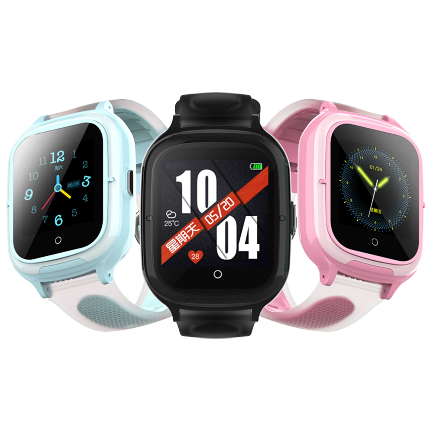 Tres smartwatches, azul, negro y rosa, con correas blancas sobre superficie blanca.