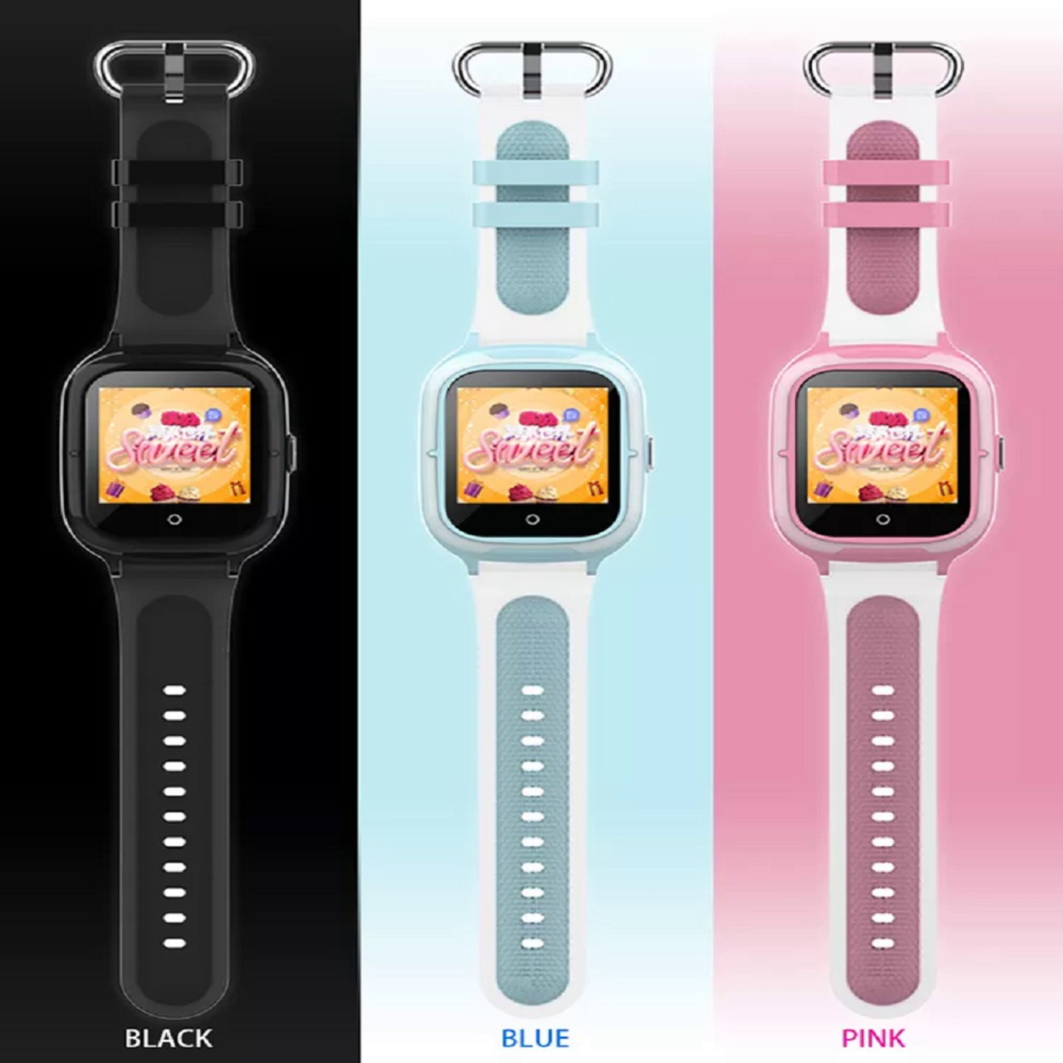 Smartwatches en negro, azul y rosa. Cada reloj muestra la palabra 'Sweet' en la pantalla.