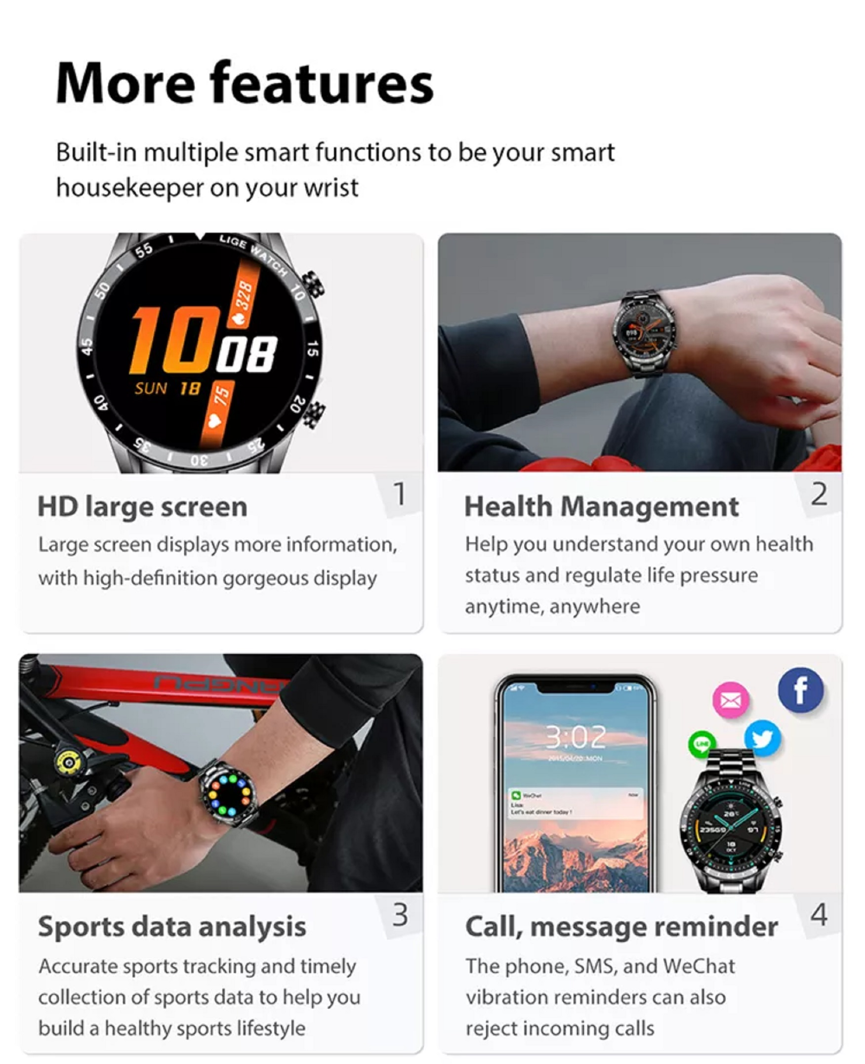 Smartwatch con varias funciones: pantalla HD, gestión de salud, datos deportivos y recordatorio de llamadas/mensajes.