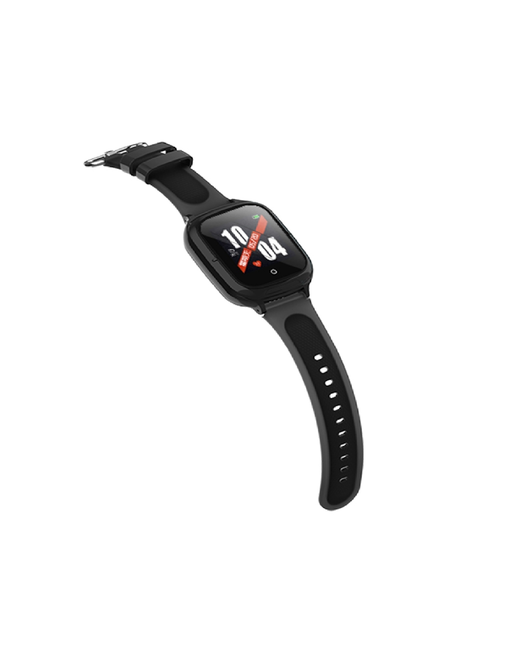 Smartwatch negra con correa negra, mostrando una pantalla digital.