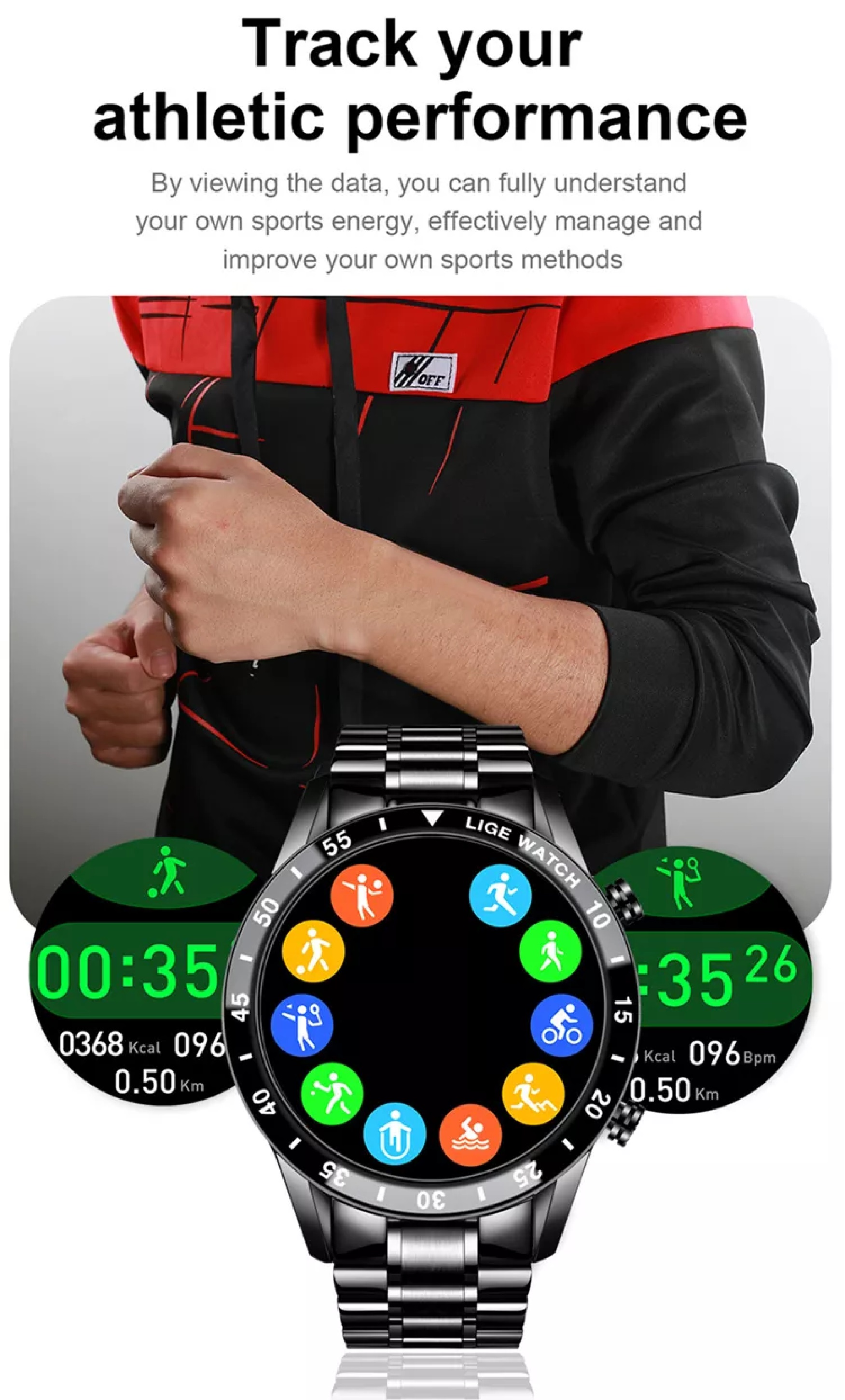 Un reloj inteligente que muestra datos de rendimiento deportivo con varios iconos y gráficos deportivos.