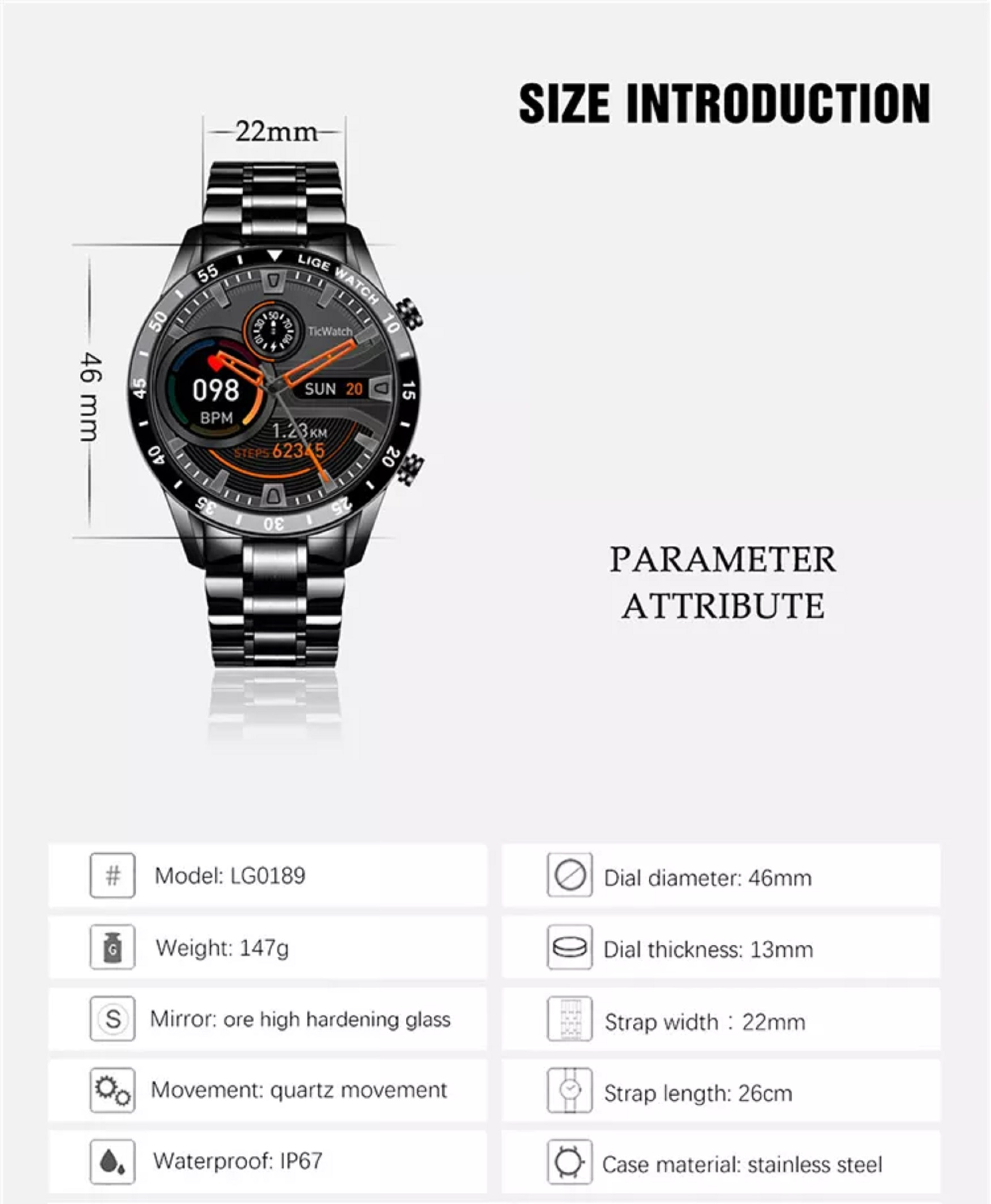 Un reloj inteligente negro con detalles de tamaño, incluido un diámetro de esfera de 46 mm y otras especificaciones.