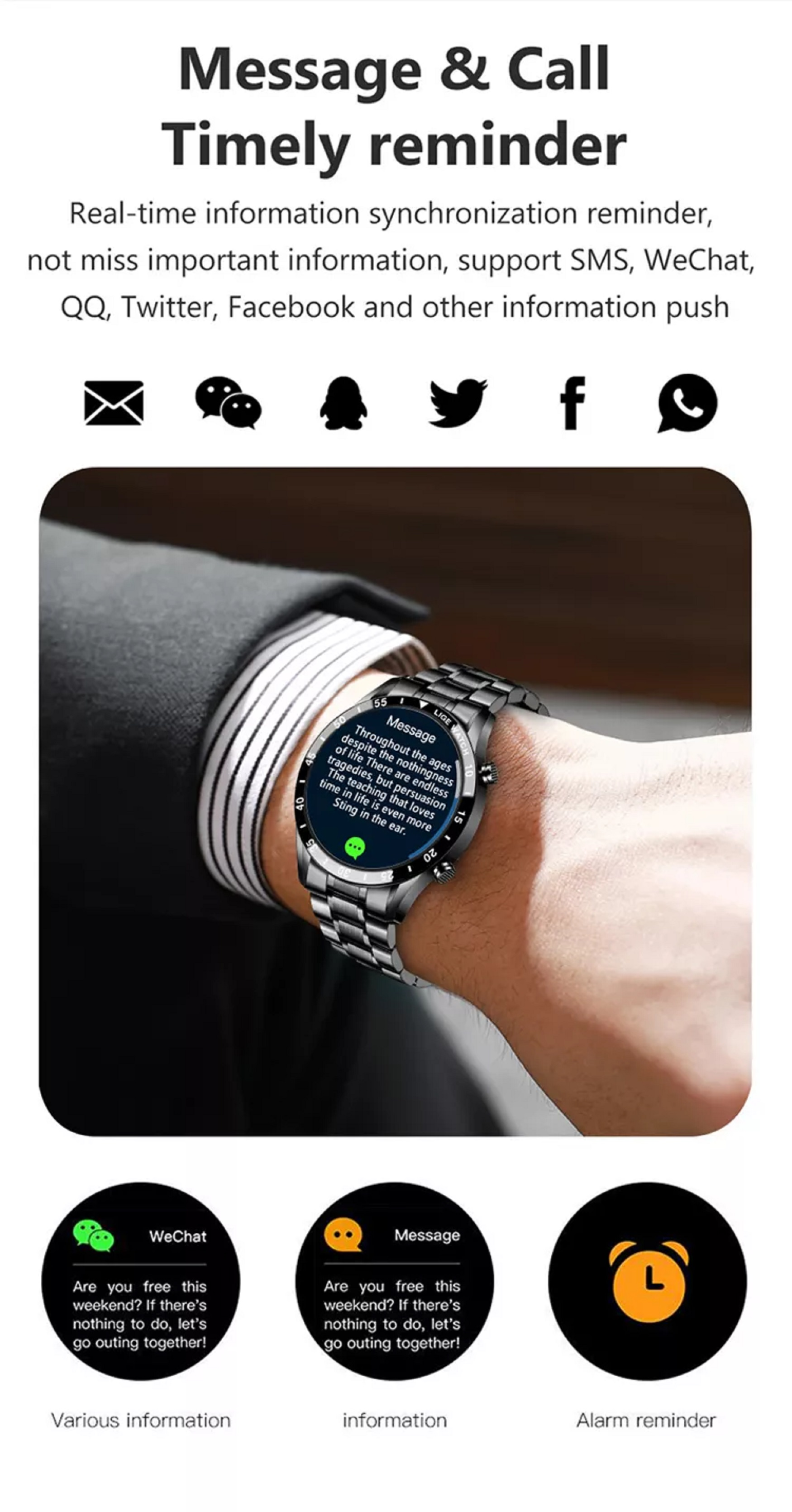 Muñeca de una persona con un reloj inteligente. El reloj muestra notificaciones e iconos de aplicaciones.